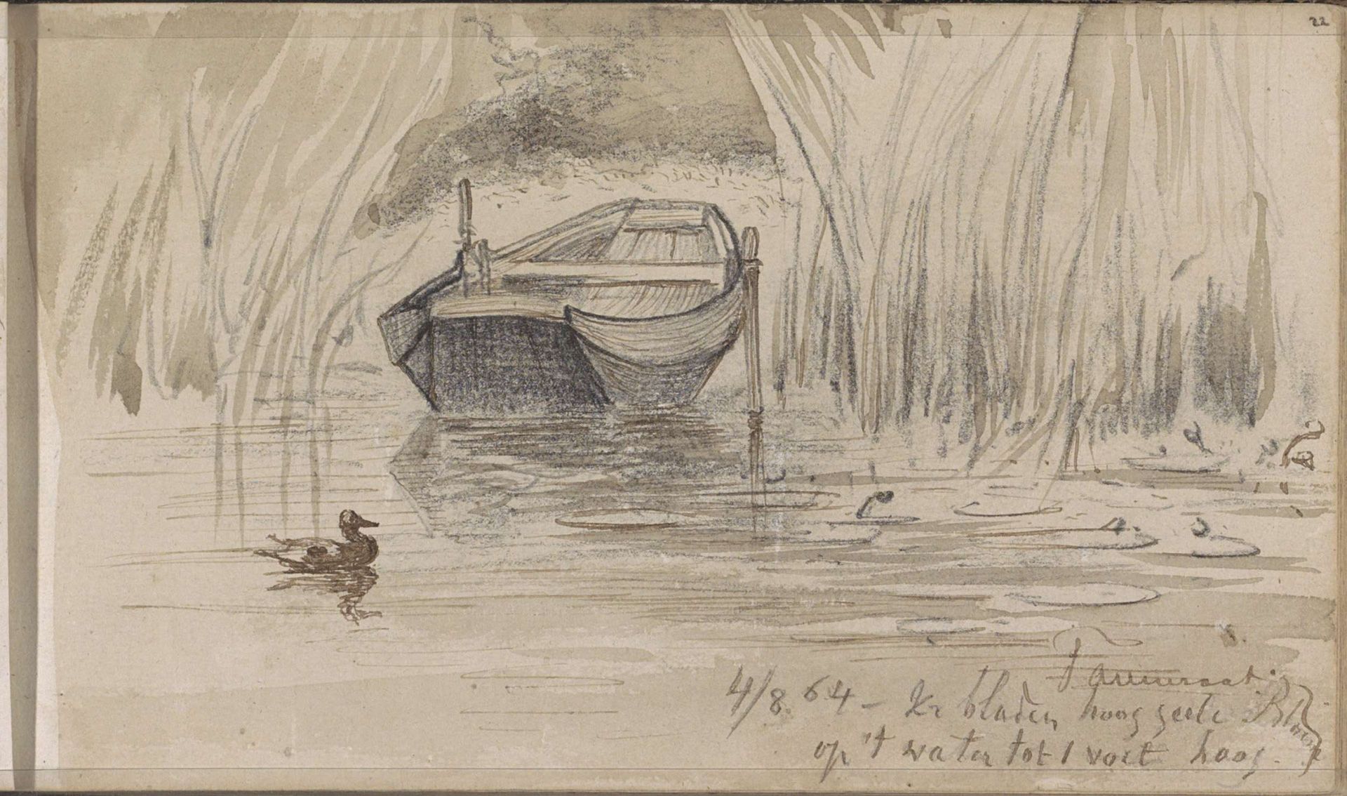 Roeiboot tussen het riet aan de waterkant by Johannes Tavenraat