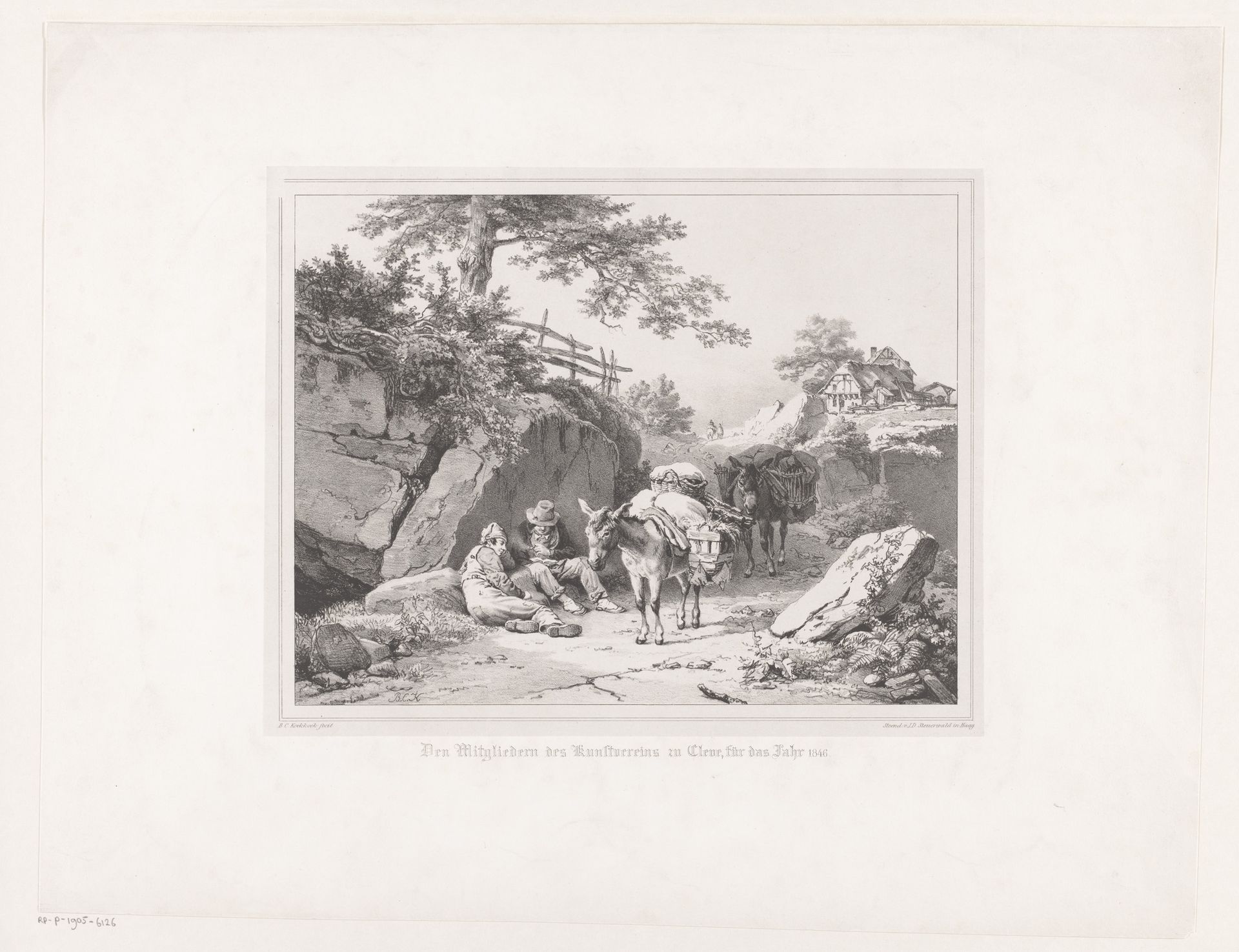 Twee rustende mannen met hun ezels by Barend Cornelis Koekkoek