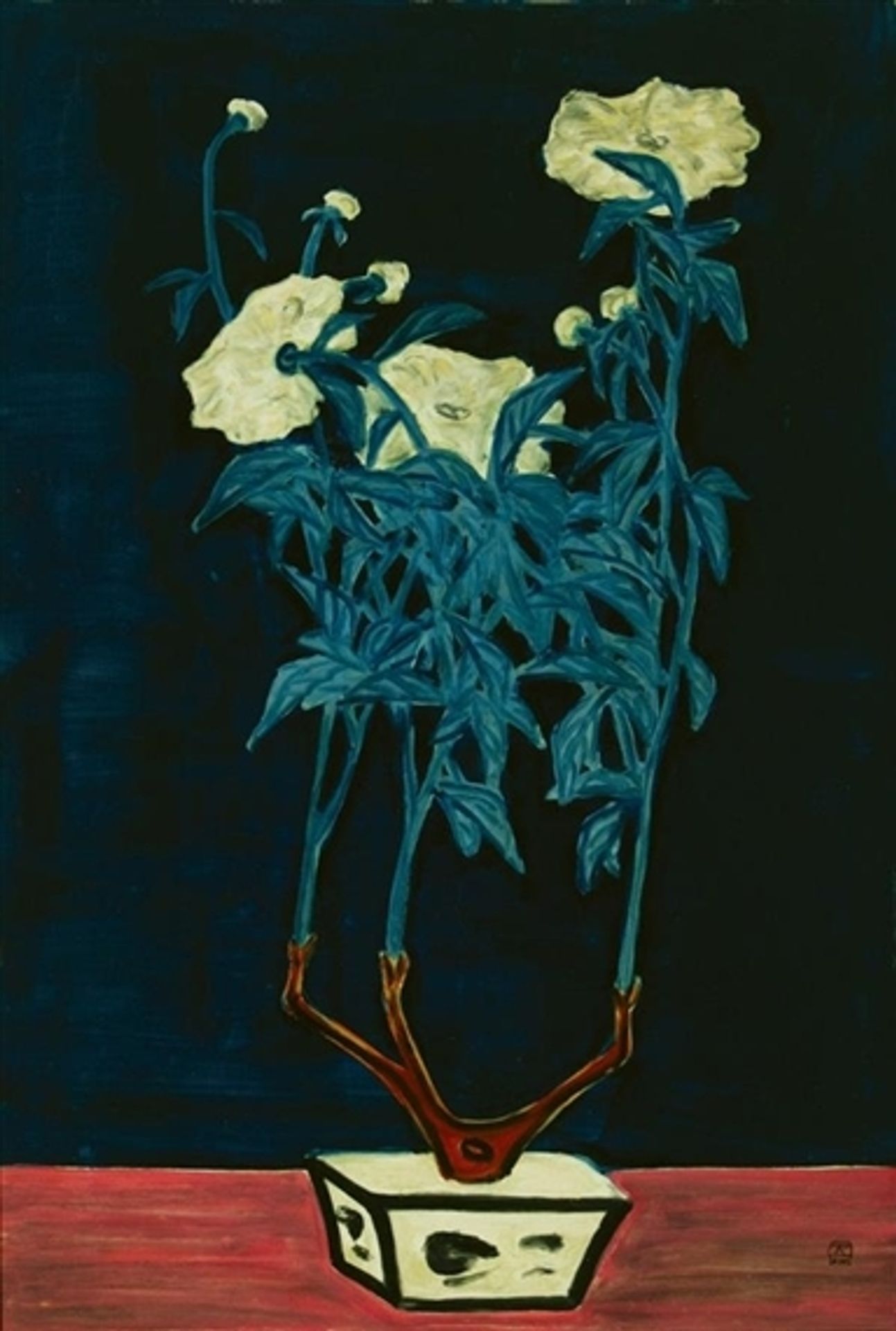 Potted Flowers in a Blue and White Jardiniere by Sanyu