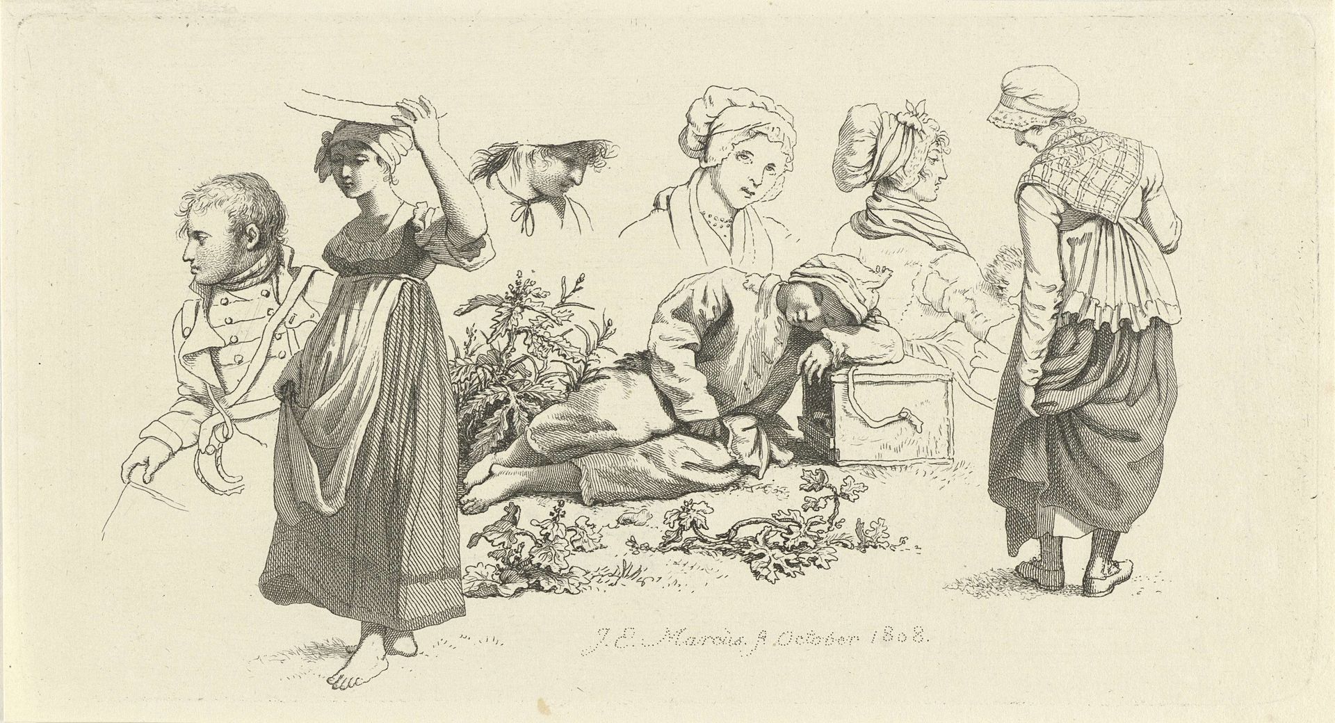 Studieblad met een slapende jongen en figuren by Jacob Ernst Marcus