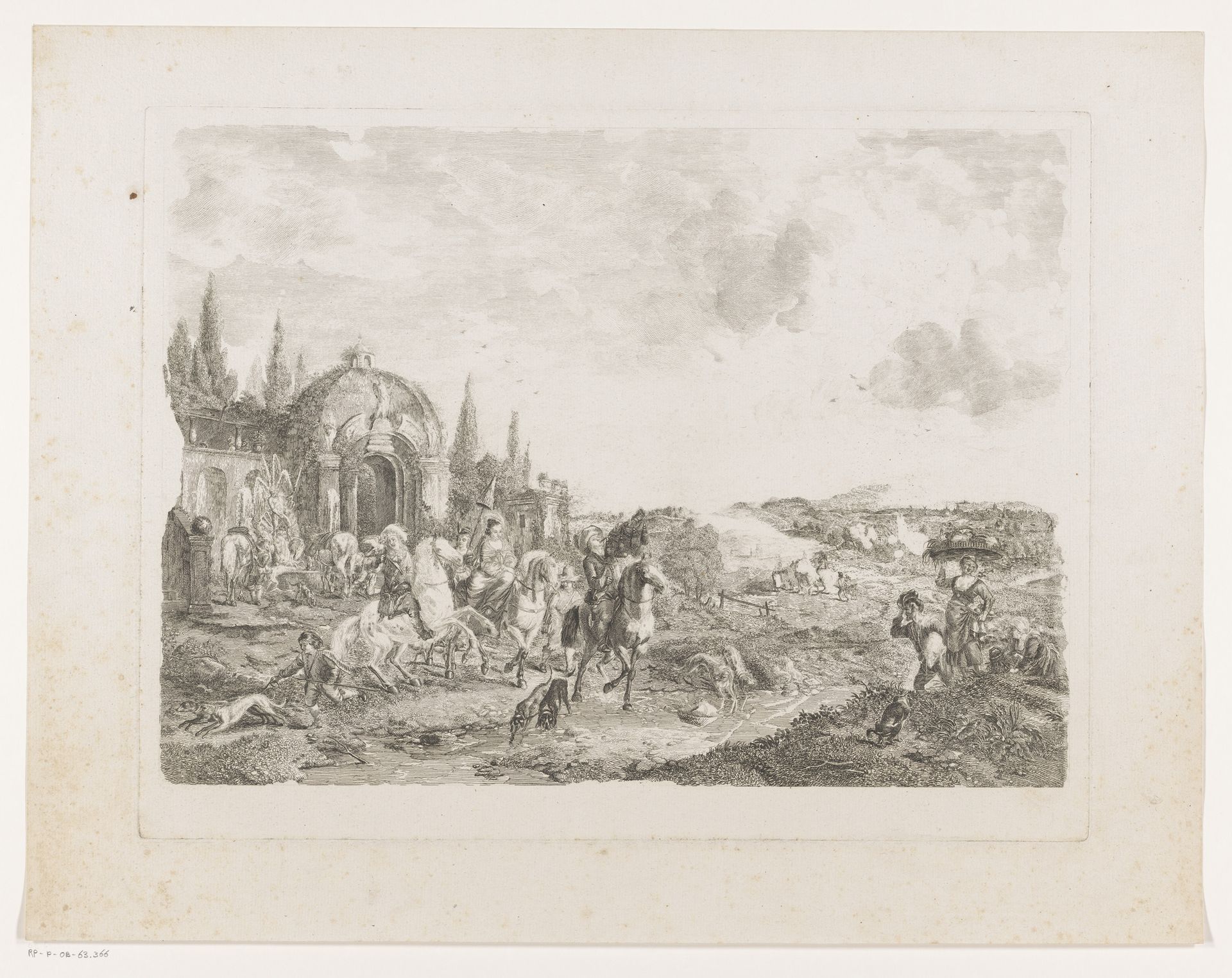Jachtgezelschap bij een beek met op de achtergrond een Neptunus fontein by Jean Moyreau