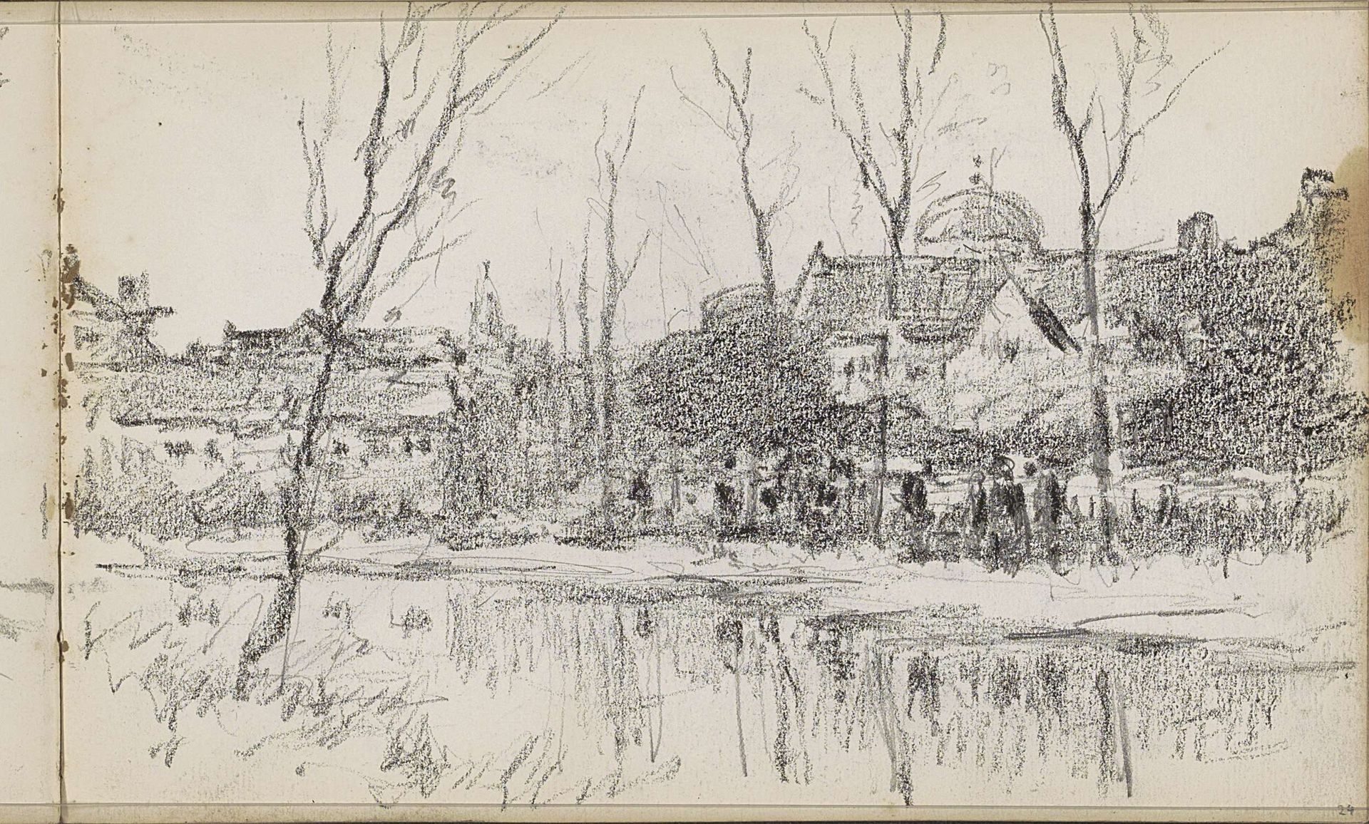 Huizen en bomen langs een waterkant by Willem Cornelis Rip