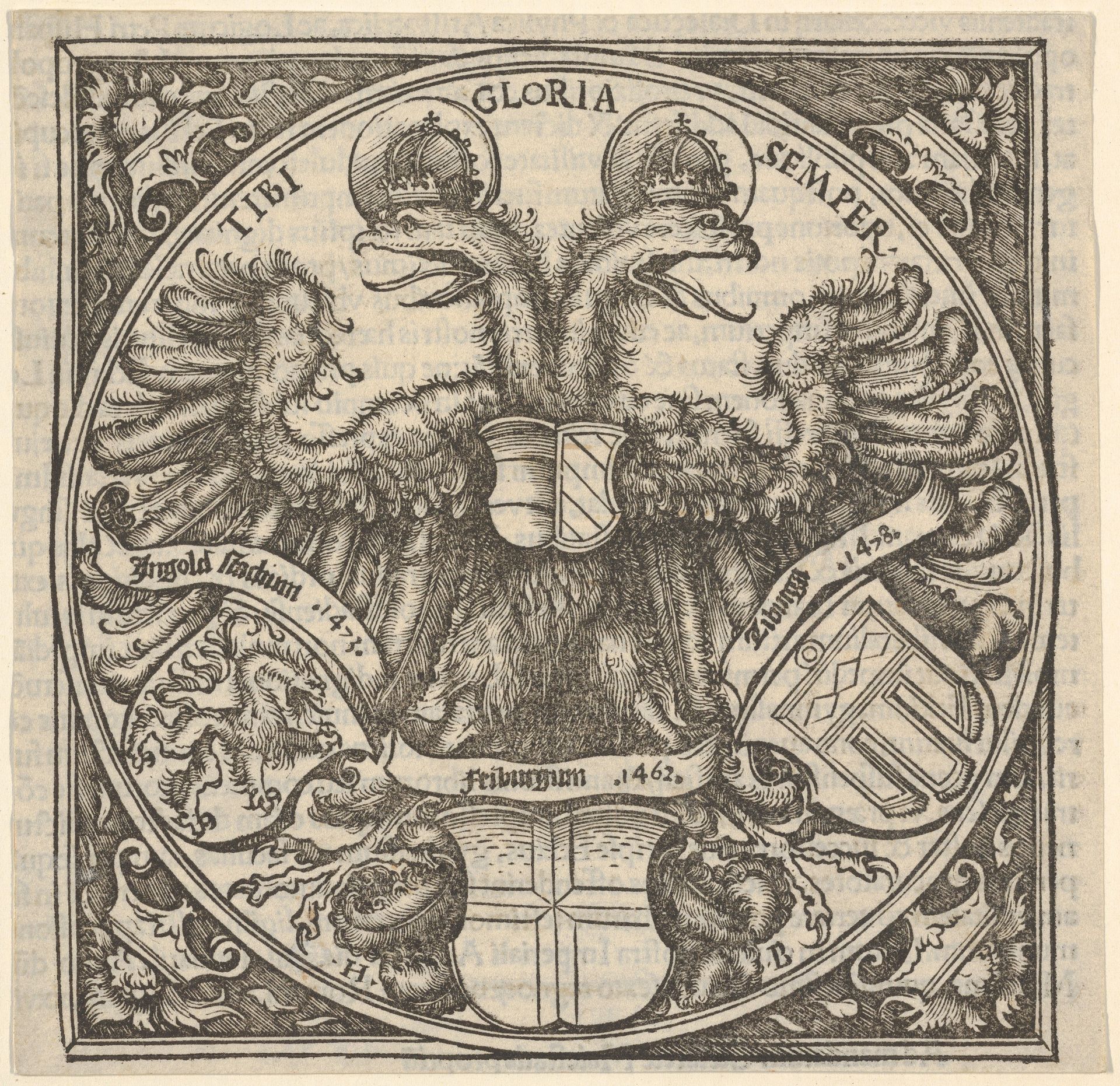 Imperial Double Eagle with the Coat of Arms of Ingolstadt, Freiburg, and Tübingen, from Joan. Eckii Theologi in summulas Petri Hispani extemporaria et succincta atque succosa explanatio p[ro] sup[er] ioris Germaniae scholasticis by Hans Burgkmair