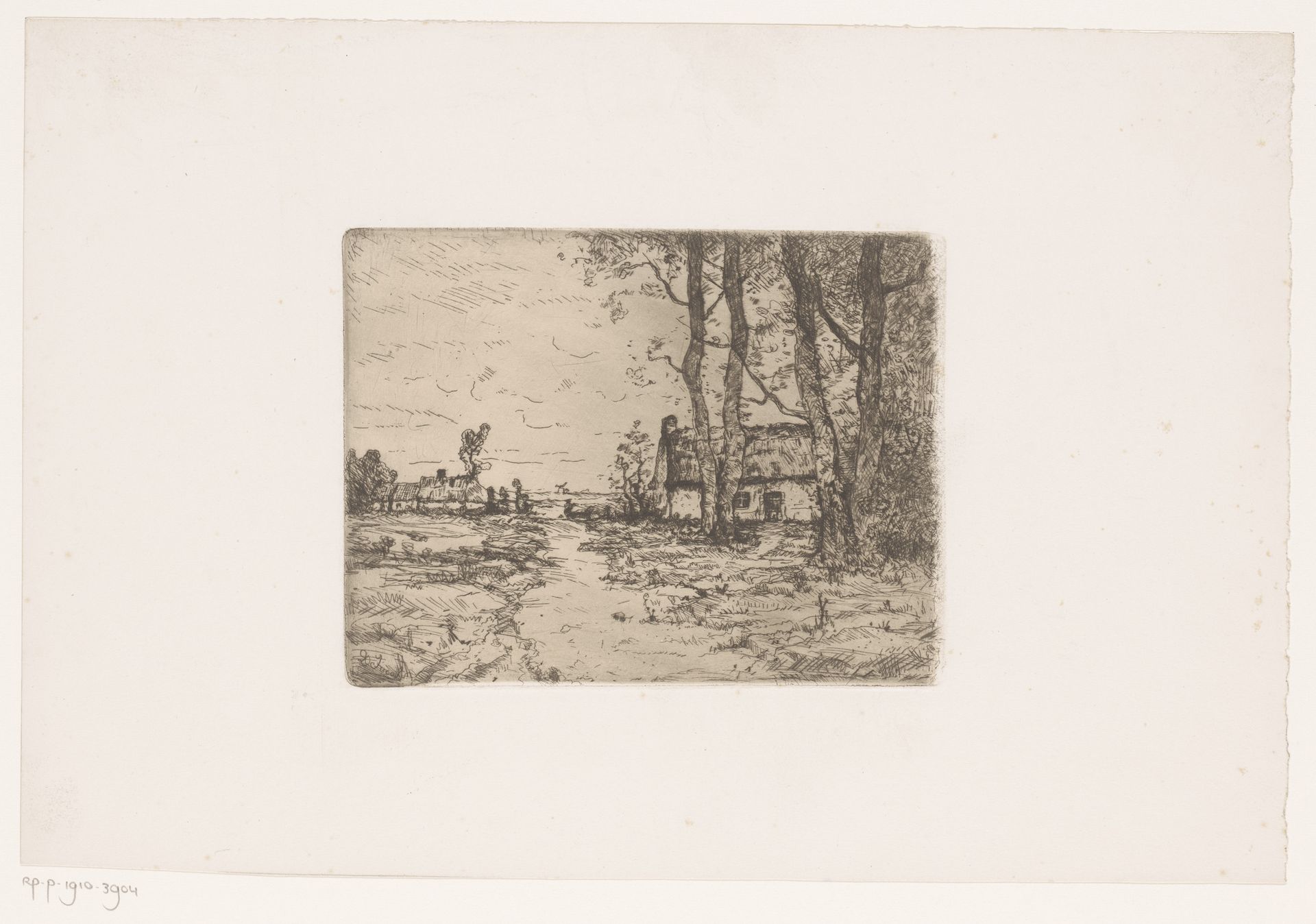 Landschap met een pad tussen twee boerderijen door, in de achtergrond een molen by Louis Adolphe Jacobs