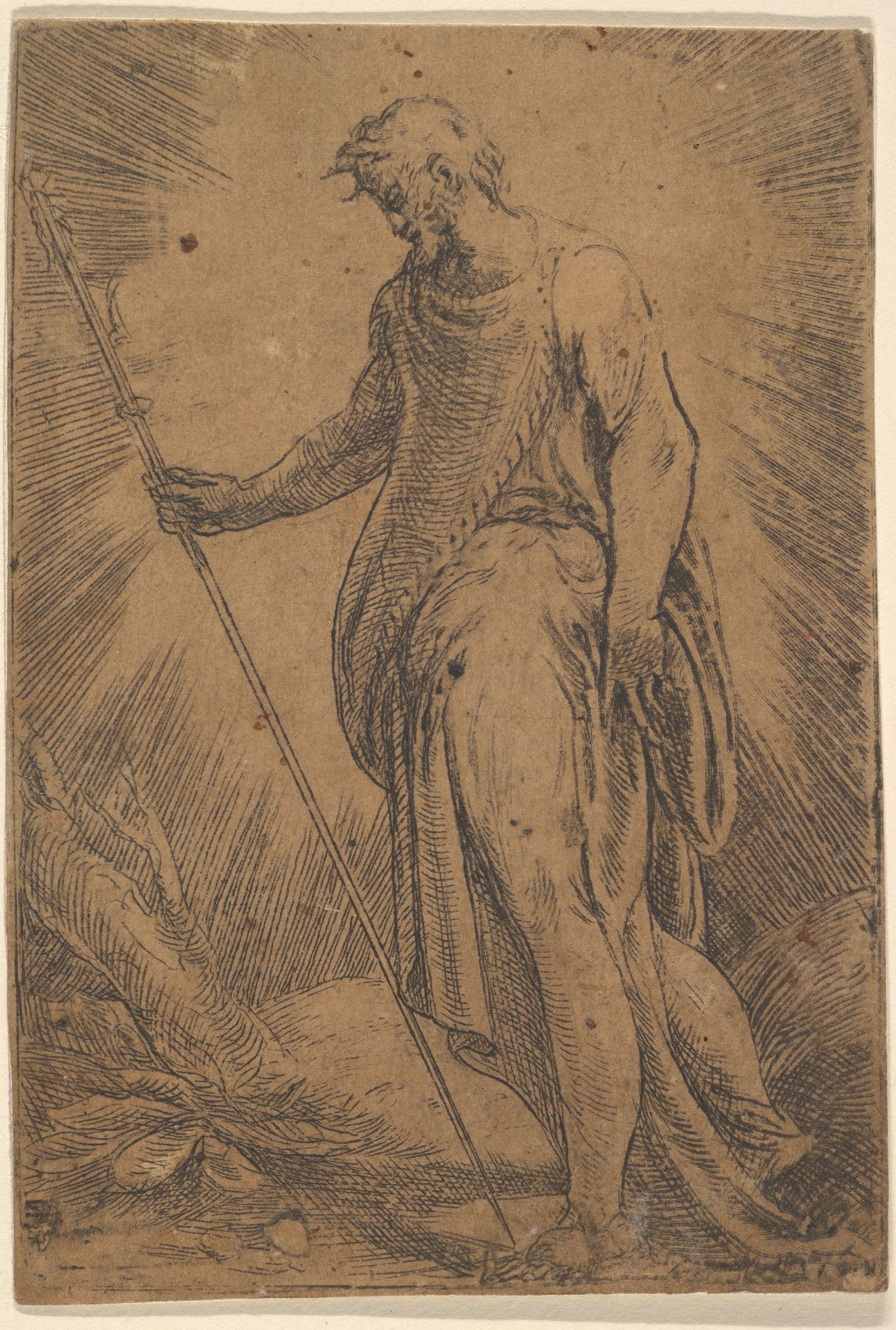 An apostle holding a staff facing left by Andrea Schiavone (Andrea Meldola)