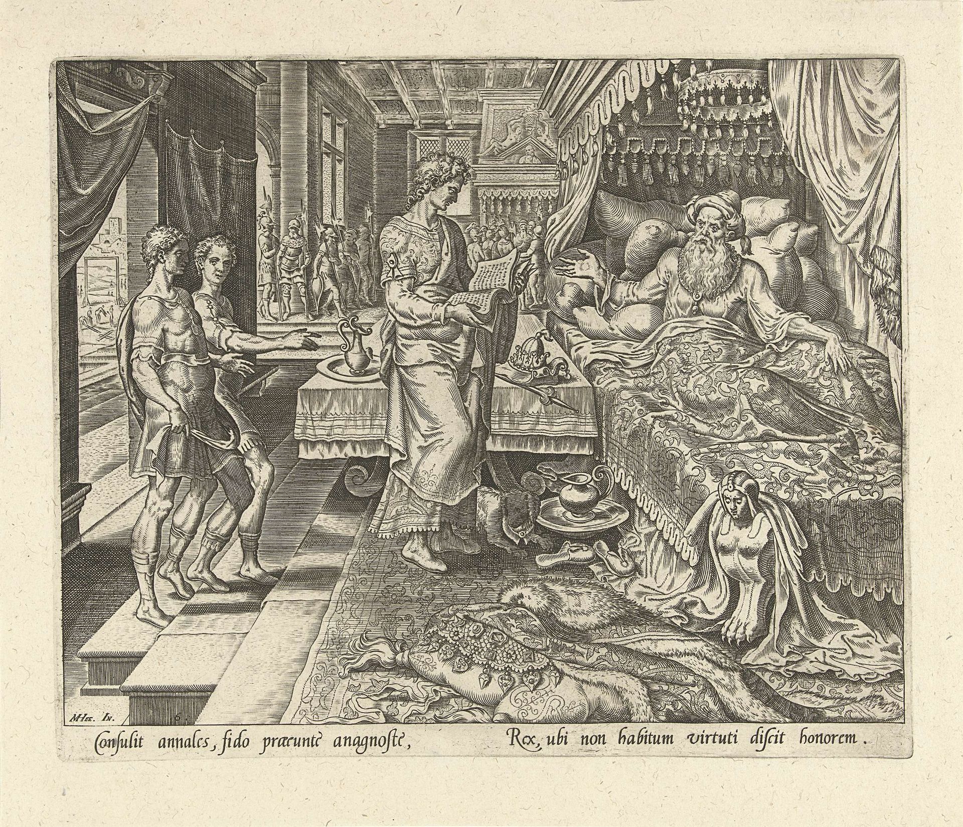 Ahasveros laat zich de kronieken voorlezen by Philips Galle