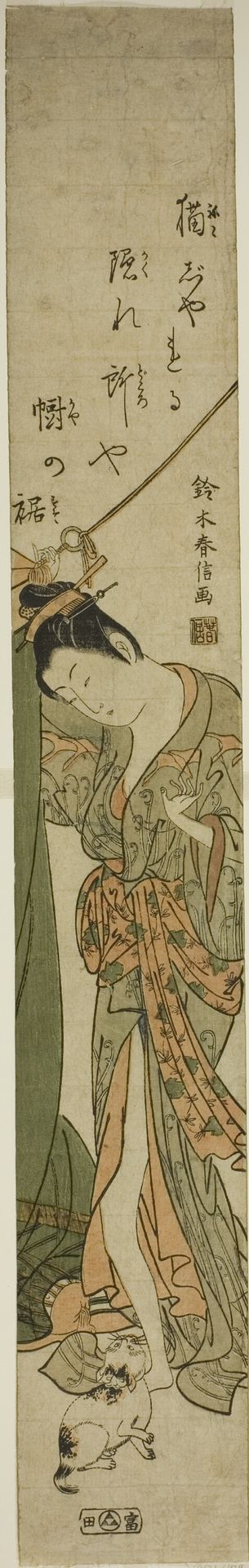 Beauty Looking Down at a Cat while Fixing a Mosquito Net by Suzuki Harunobu 鈴木春信