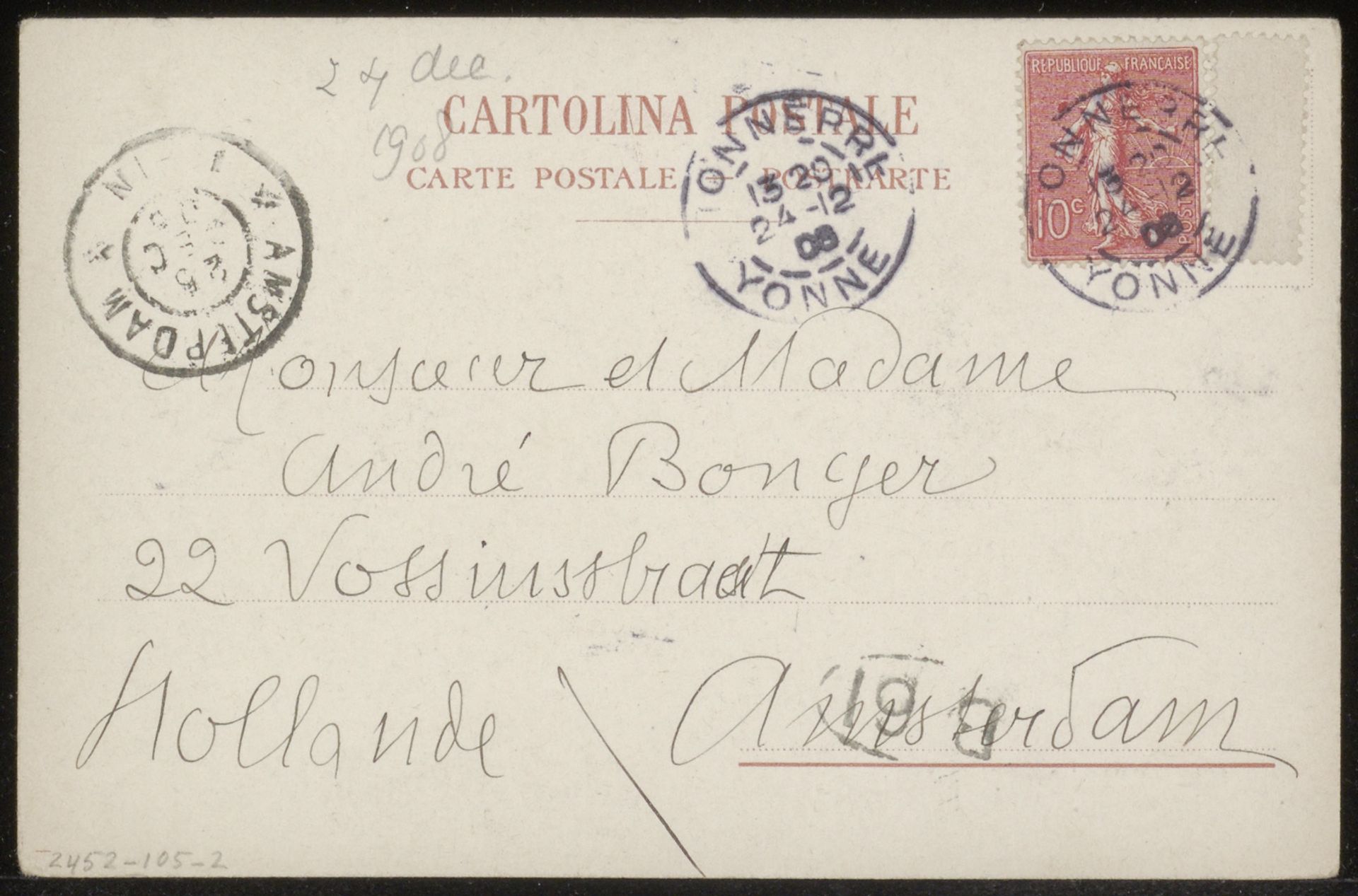 Prentbriefkaart aan Andries Bonger en Anne Marie Louise van der Linden by Emile Bernard
