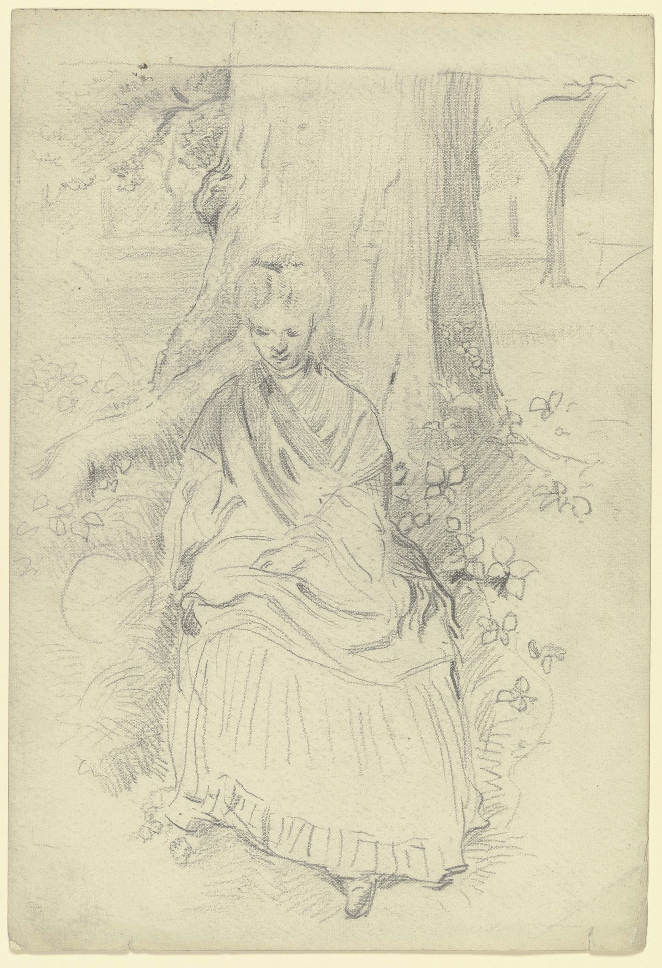 Luise Scholderer, an einem Baumstamm sitzend by Otto Scholderer