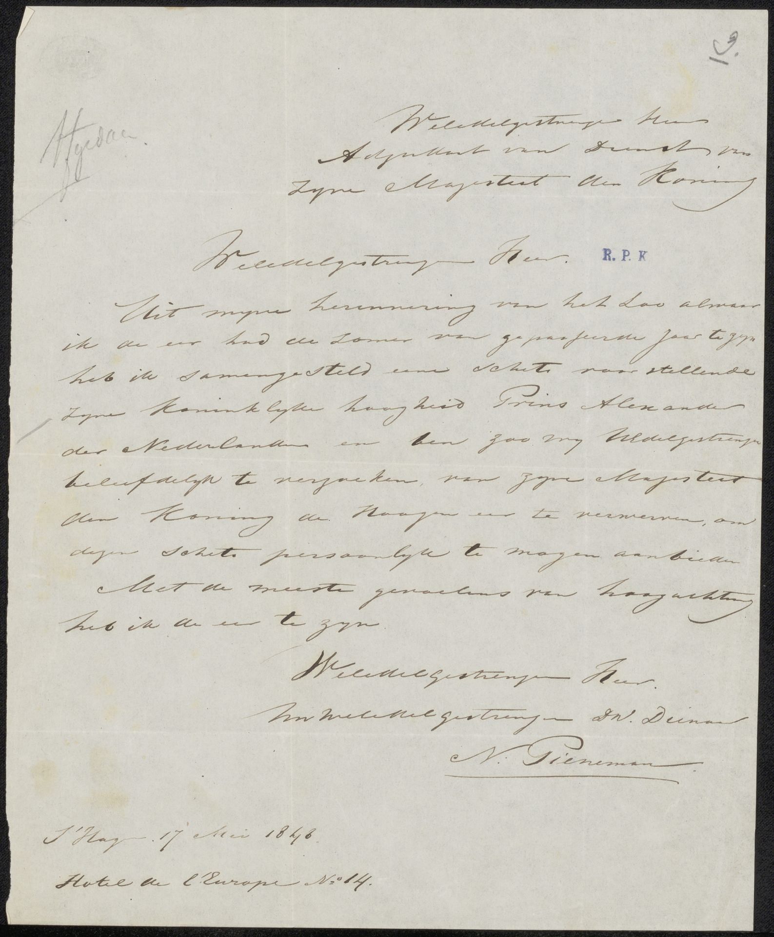 Brief aan de adjundant van dienst van koning der Nederlanden Willem II by Nicolaas Pieneman