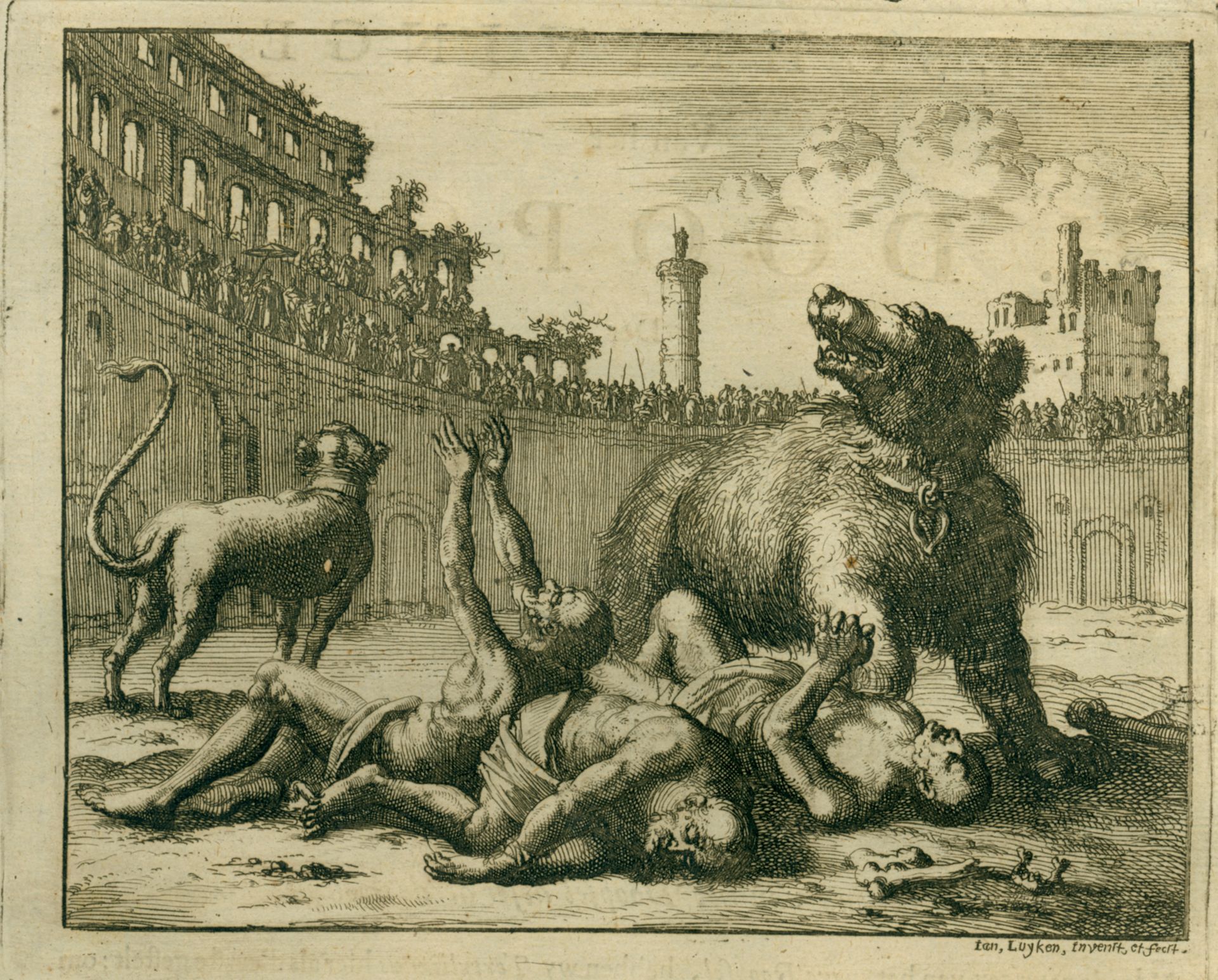 Tharacus, Probus, and Adronicus Thrown to Wild Animals, AD 290 by Jan Luyken