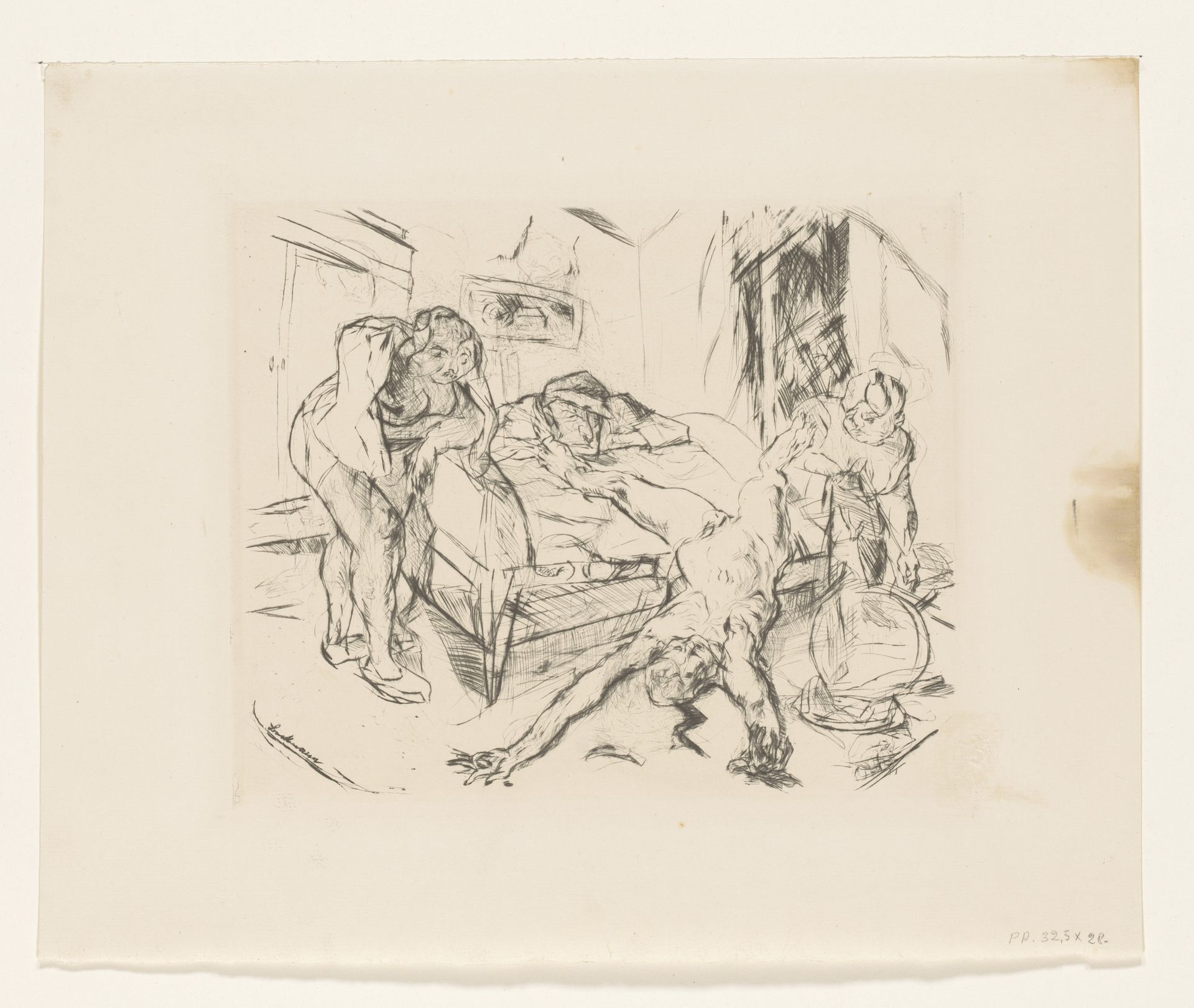 Slaapkamer met drie figuren en een dode man op het bed by Max Beckmann