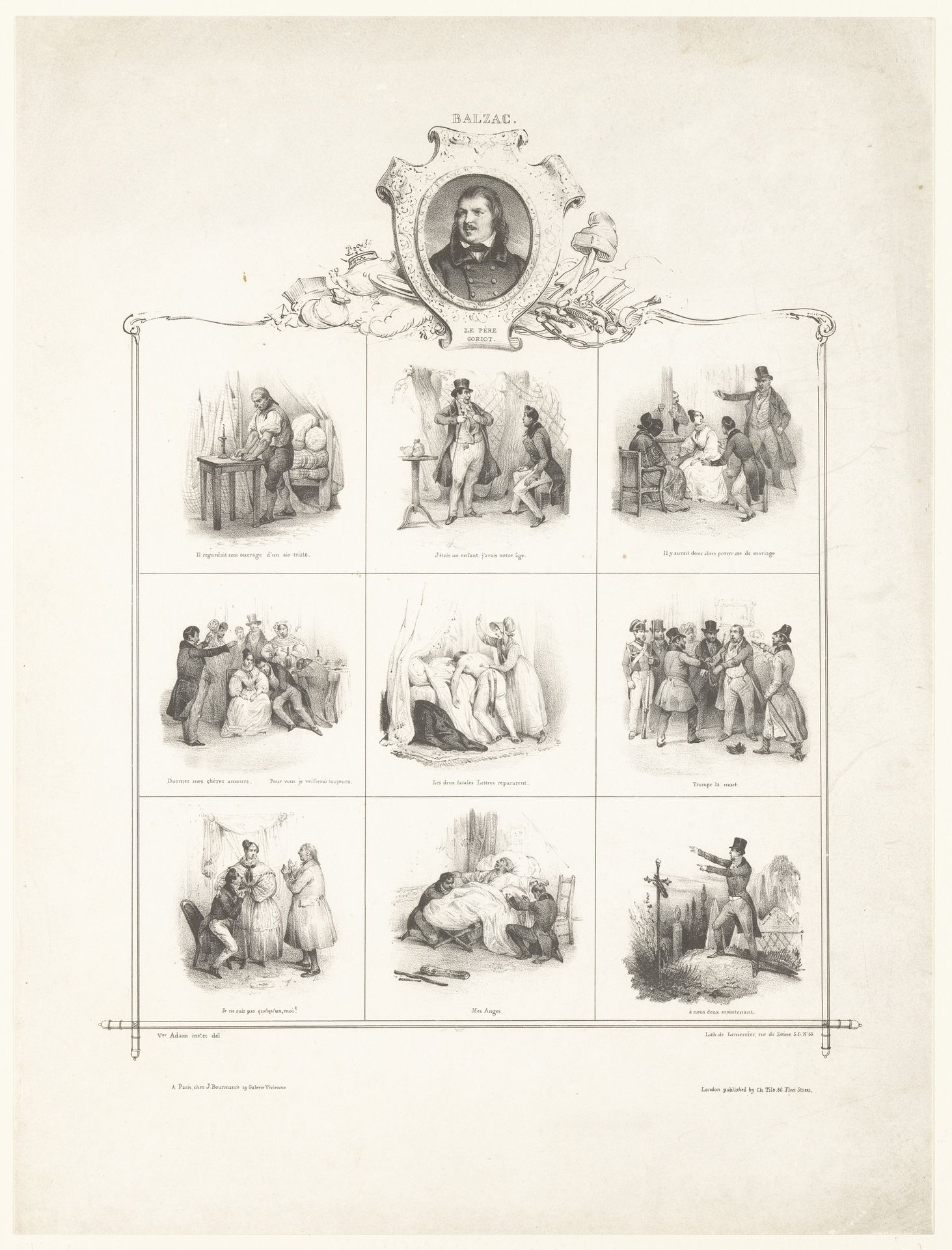 Portret van Honoré de Balzac en negen voorstellingen uit zijn werken by Victor Adam