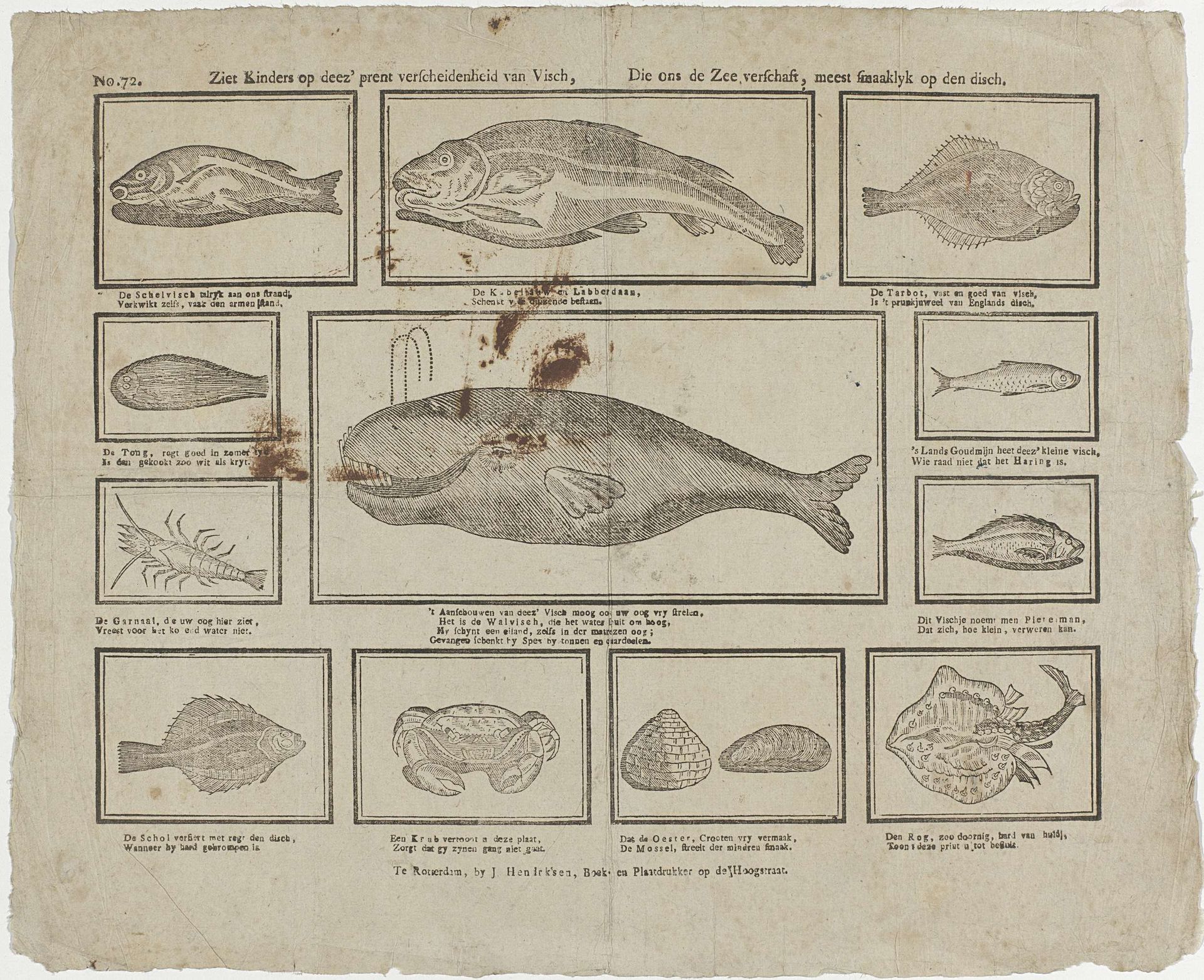 Ziet kinders op deez' prent verscheidenheid van visch, Die ons de zee verschaft, meest smaaklyk op den disch by Jan Hendriksen