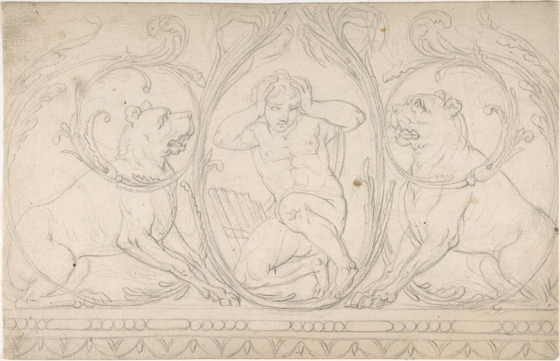 Ornament Containing a Nude Male with Pipes Framed by Two Dogs by Anonymous