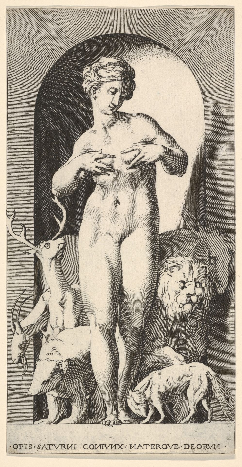 Plate 2: Ops standing in a niche with her hands at her breasts, looking to her left, with animals behind her, from "Mythological Gods and Goddesses" by Giovanni Jacopo Caraglio