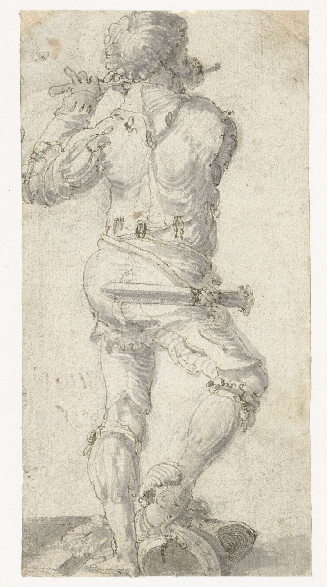 Fluitspeler met zijn rechtervoet op een helm, op de rug gezien by Aertgen Claesz. van Leyden