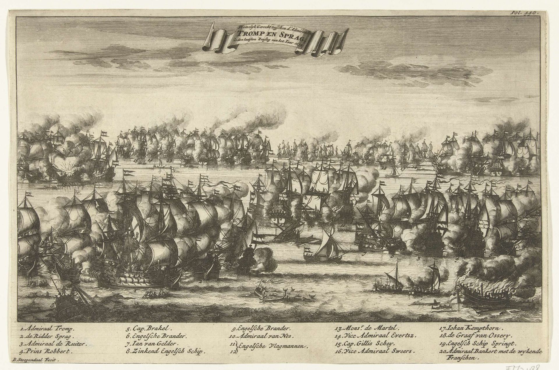 Gevecht tussen Tromp en Spragge tijdens de zeeslag bij Kijkduin, 1673 by Bastiaen Stopendael