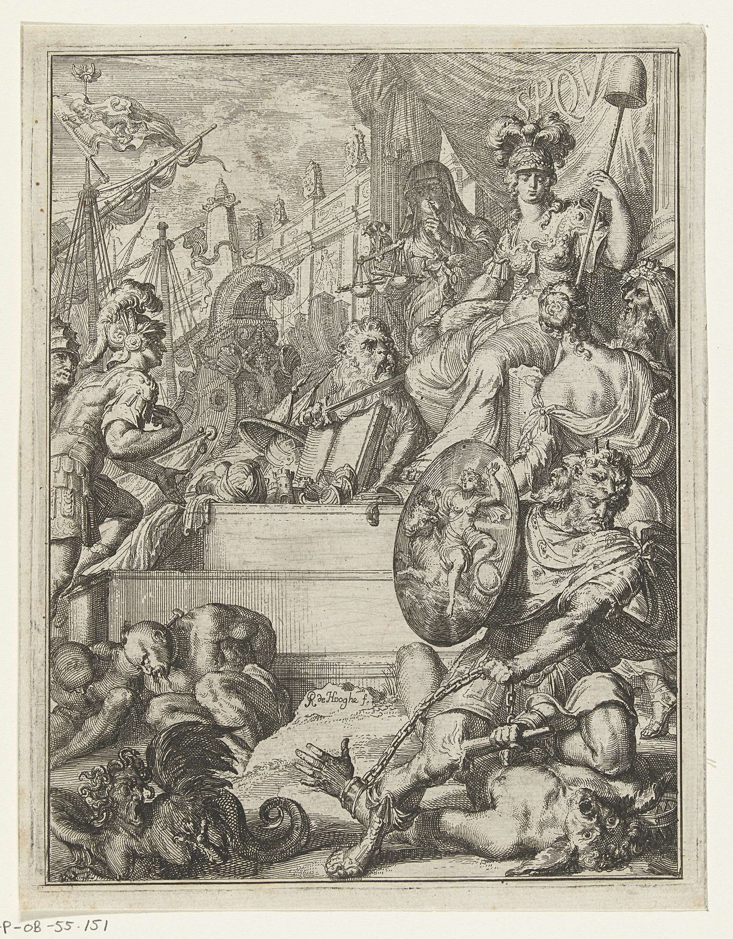 Allegorische voorstelling met getroonde vrouw in harnas by Romeyn de Hooghe