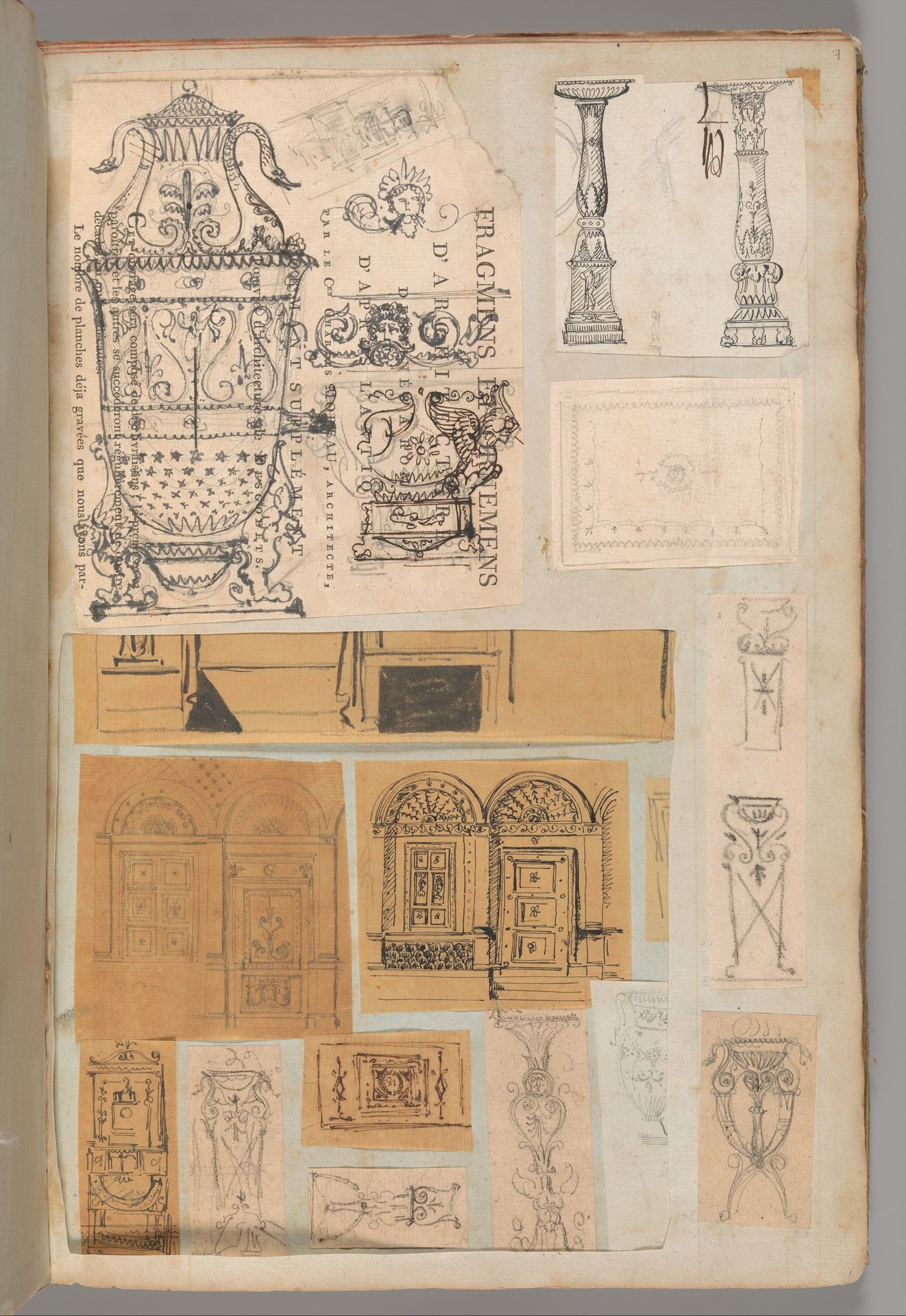 Page from a Scrapbook containing Drawings and Several Prints of Architecture, Interiors, Furniture and Other Objects by Charles Percier