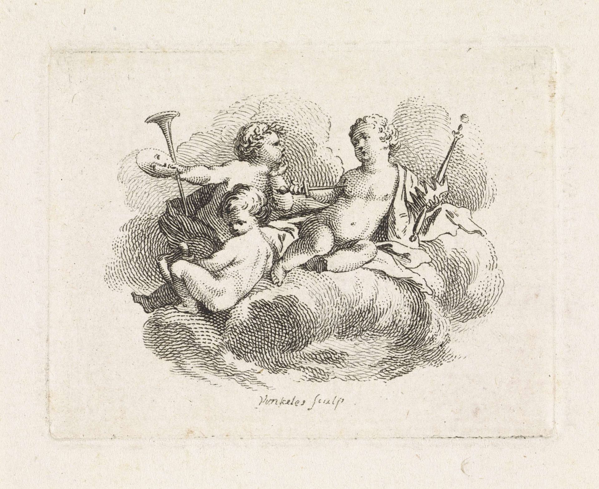 Drie putti met theaterattributen in de wolken by Reinier Vinkeles