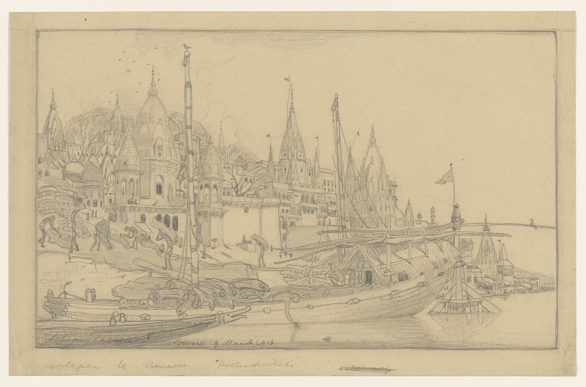 Rivieroever met schepen te Benares by Wijnand Otto Jan Nieuwenkamp