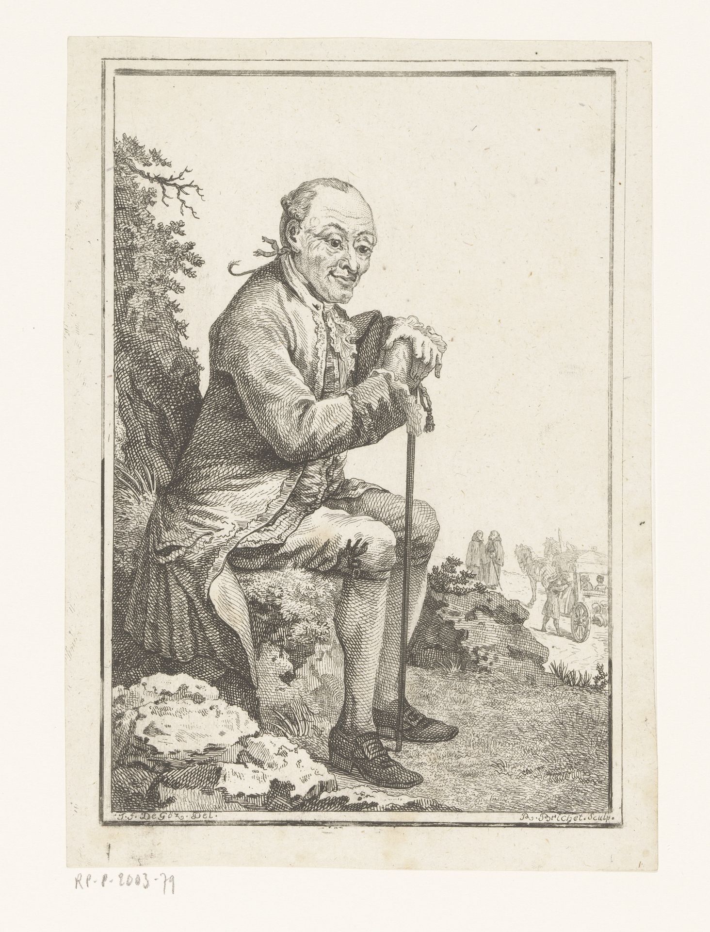 Zittende man met wandelstok in een landschap by Robert Brichet