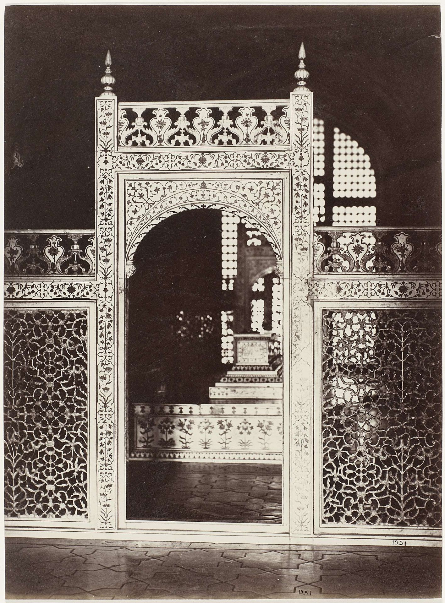 The screen enclosing the sarcophagi in the interior of the Taj Mahal, Agra, Uttar Pradesh, India by Samuel Bourne