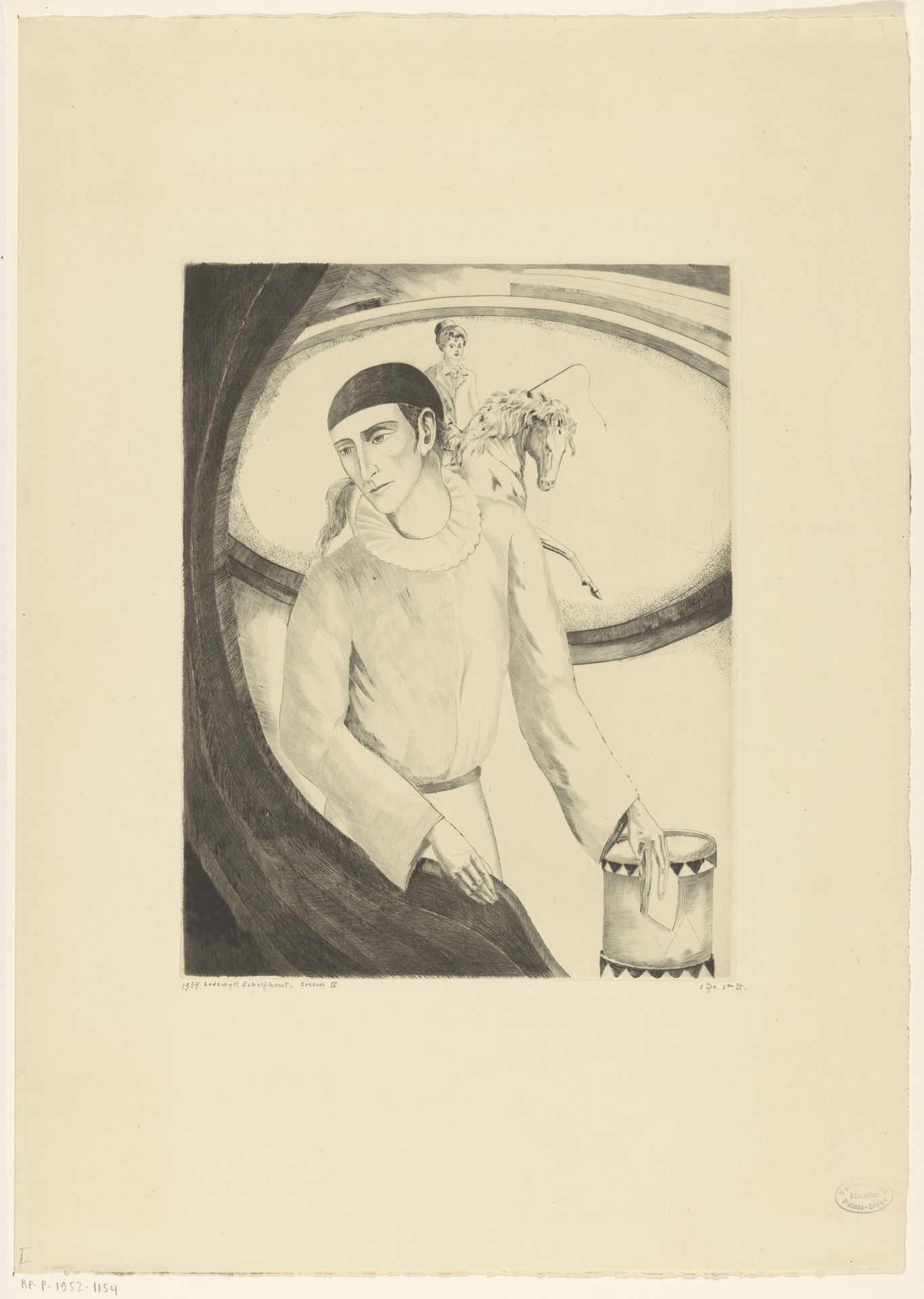 Pierrot en ruiter op een dressuurpaard by Lodewijk Schelfhout