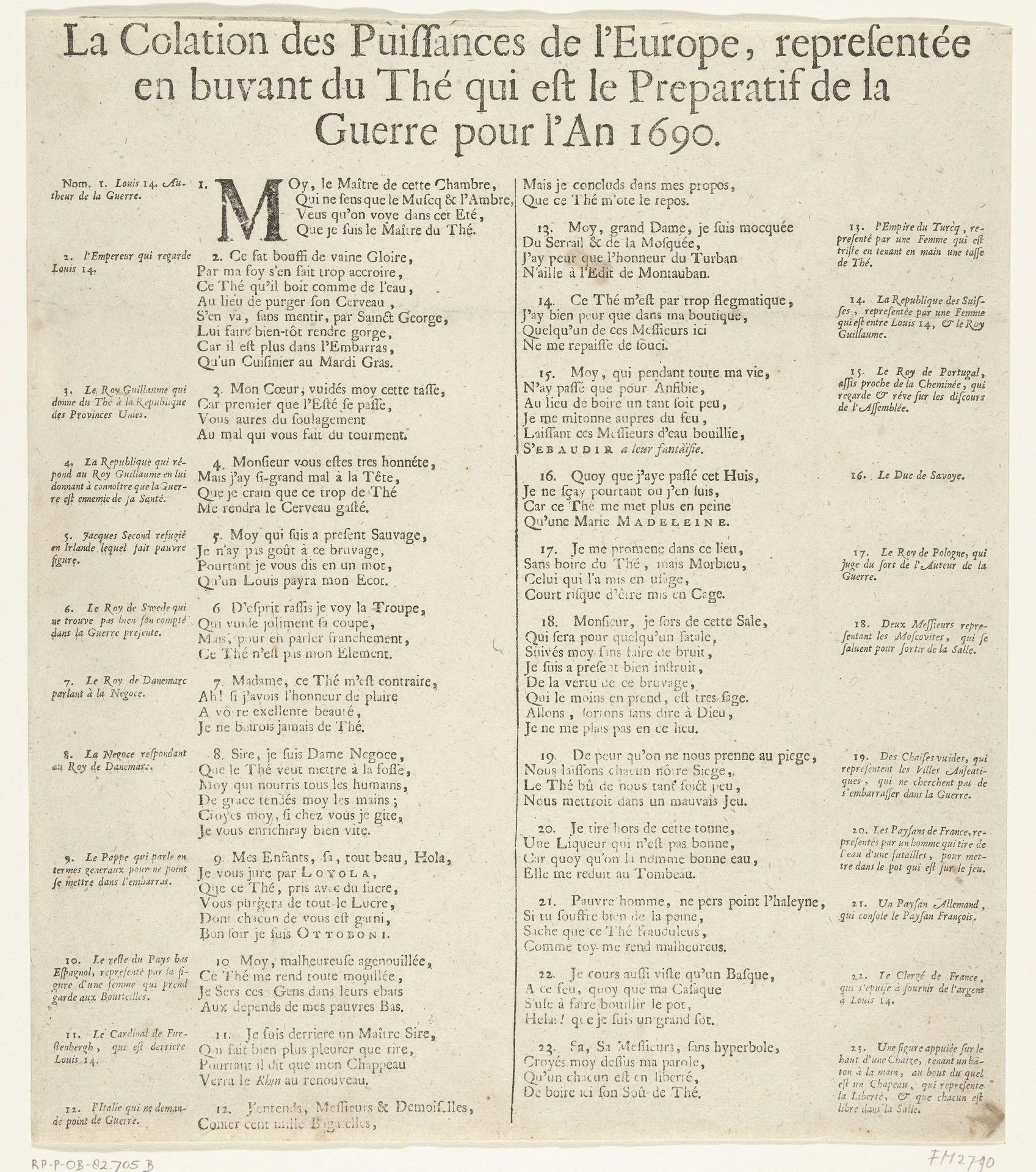 Tekstblad bij de prent met de theepartij van de vorsten van Europa voorafgaand op de oorlog in 1690 by Cornelis Huyberts