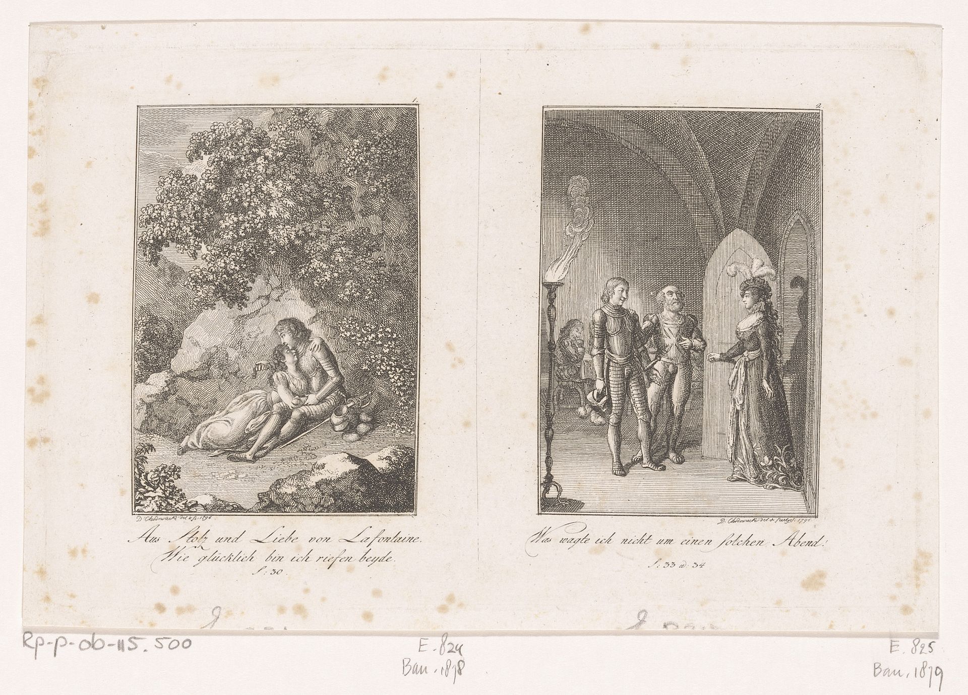Twee voorstellingen uit de verhalen van Wilhelm Gottlieb Becker by Daniel Nikolaus Chodowiecki