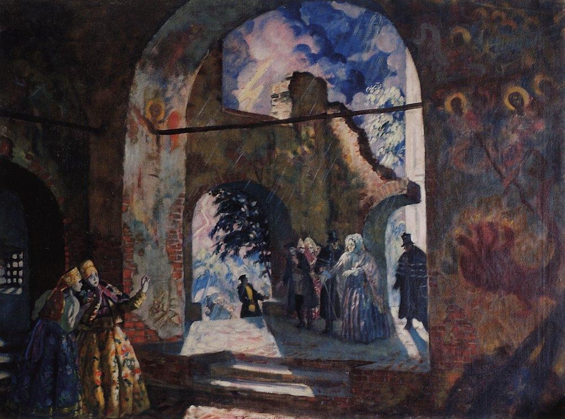 Under the arches of the old church by Boris Kustodiev