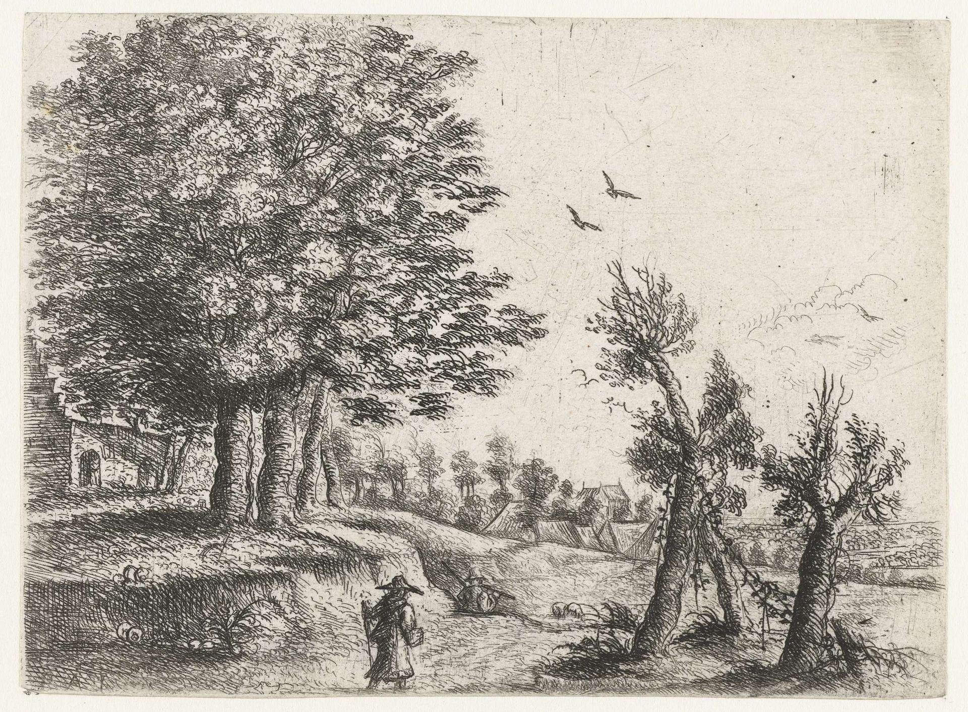 Landschap met een vrouw en een fluitspelende herder by Philips Augustijn Immenraet