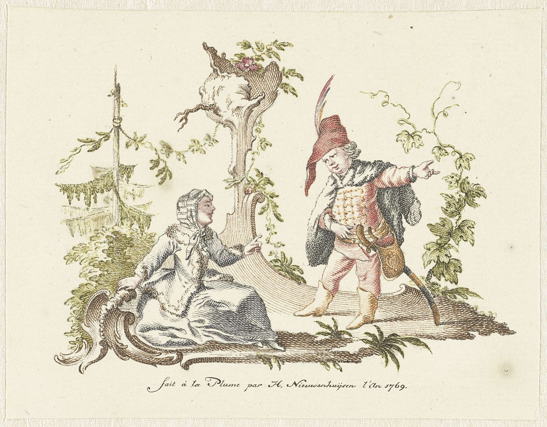 Ornament met staand mannetje bij zittende vrouw by Hendrik Nieuwenhuysen