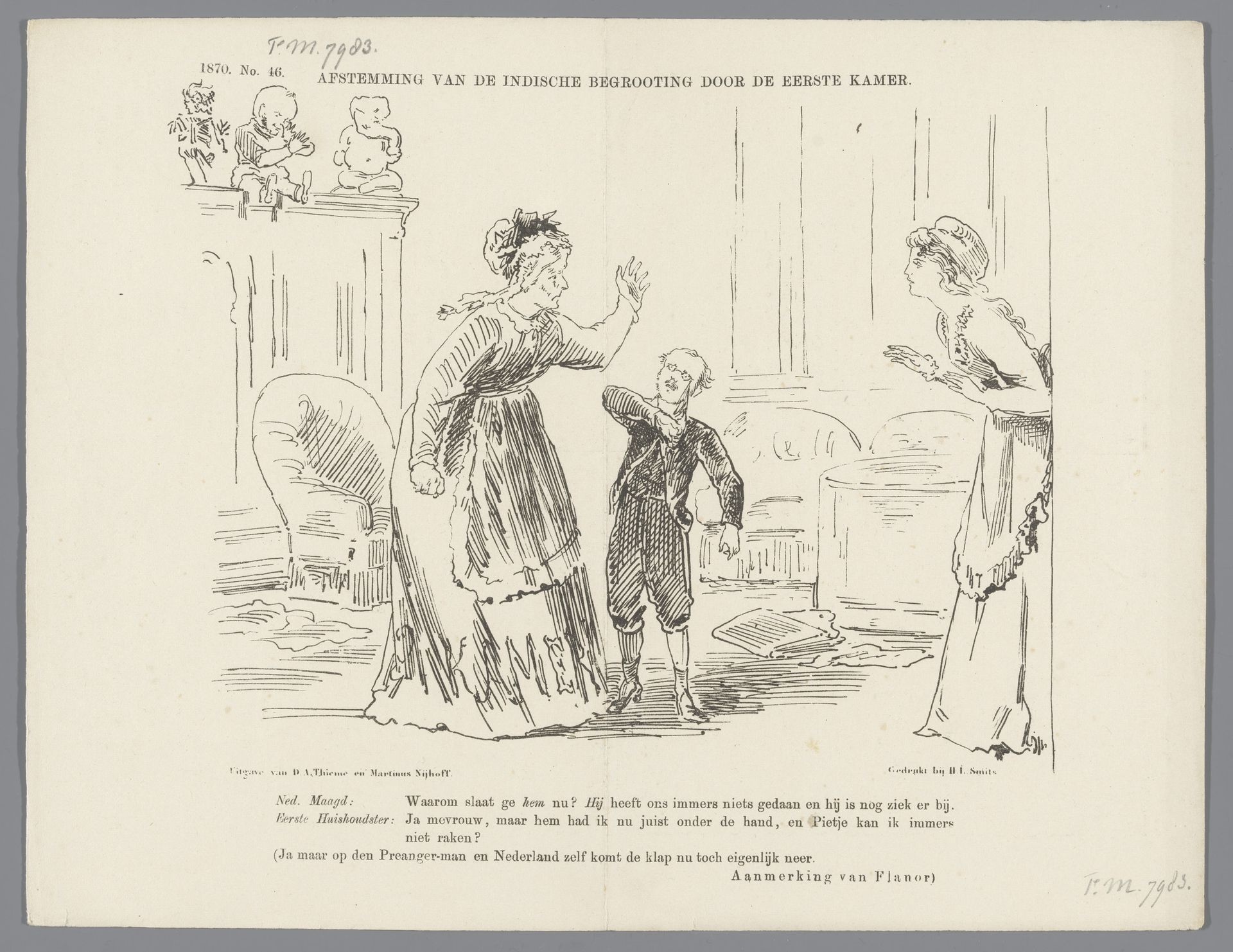 Spotprent op de verwerping van de begroting voor Nederlands-Indië door de Eerste Kamer, 1870 by Johan Michaël Schmidt Crans