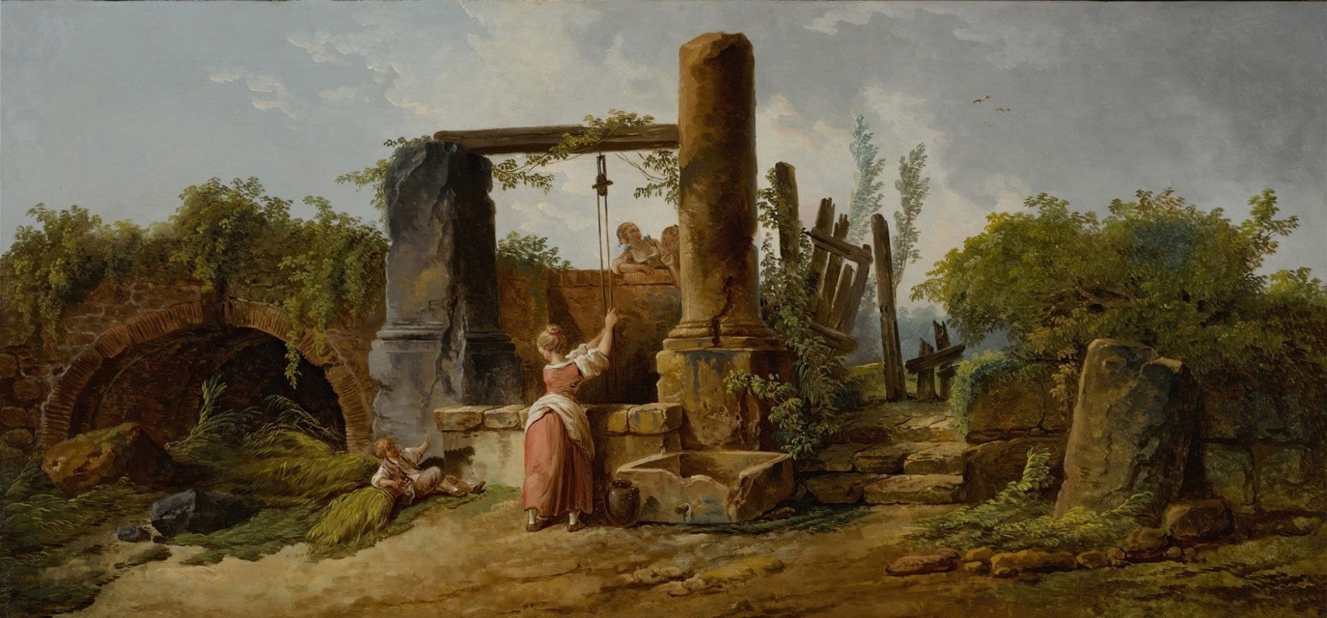 A peasant woman at a well by Hubert Robert