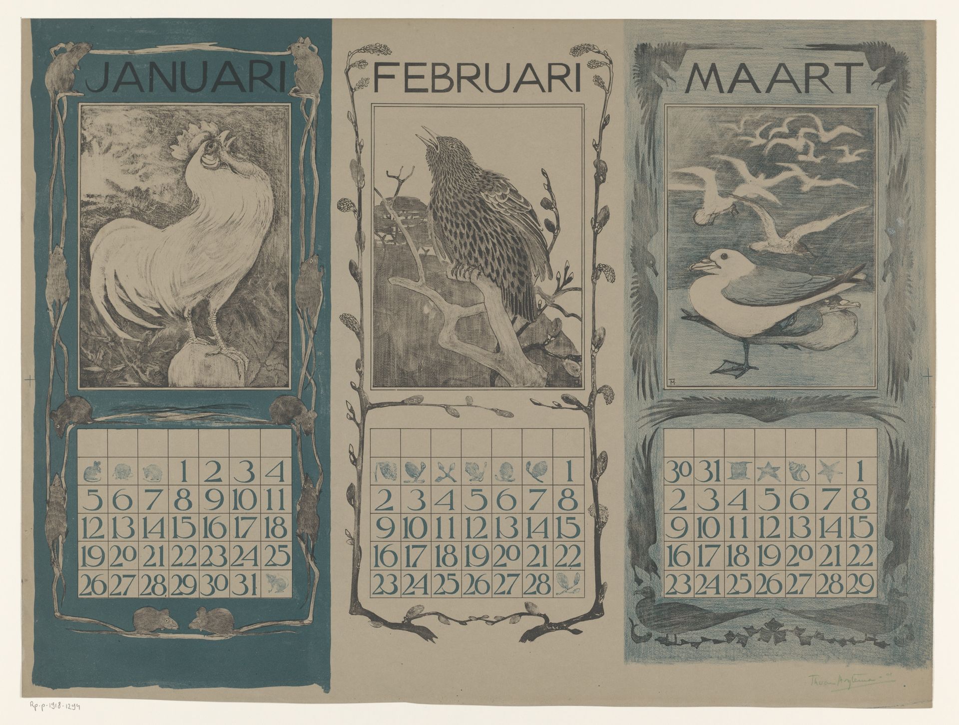 Kalenderbladen van januari, februari en maart, met vogels by Theo van Hoytema