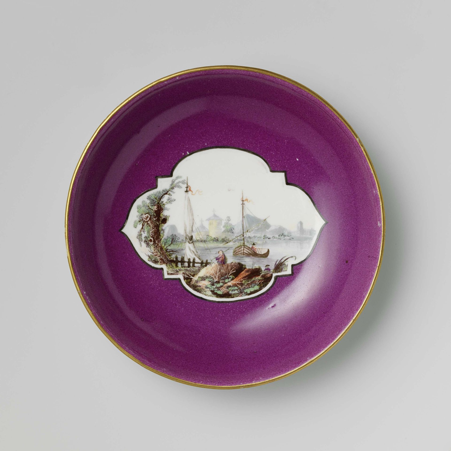 Saucer with a landscape on a purple ground by Porzellanmanufaktur Frankenthal