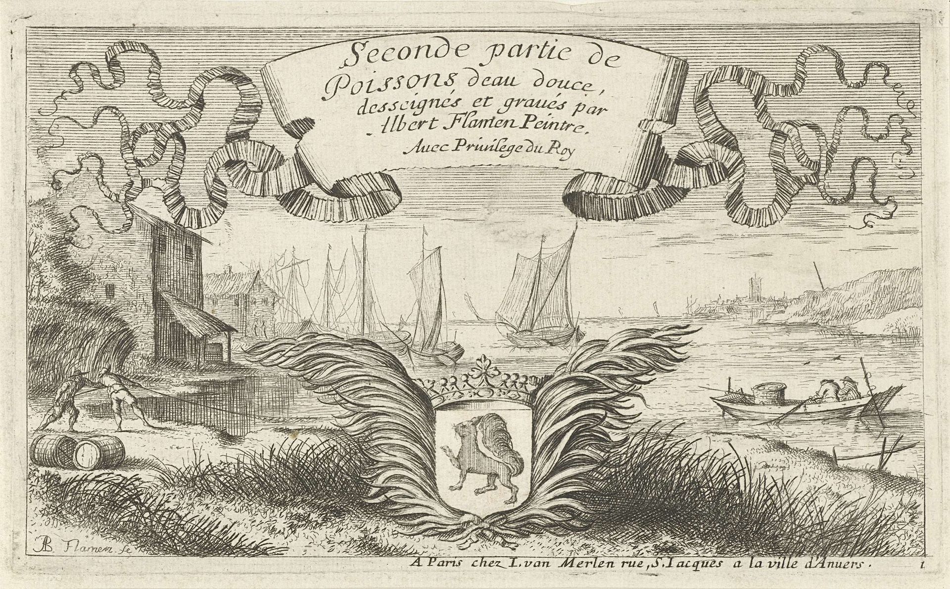 Rivierlandschap met wapen by Albert Flamen