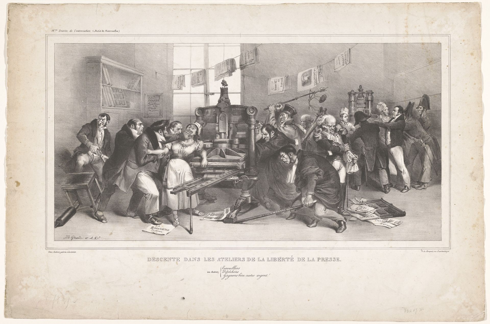 Aanval van de Franse overheid op de vrijheid van drukpers by Jean Ignace Isidore Gérard Grandville