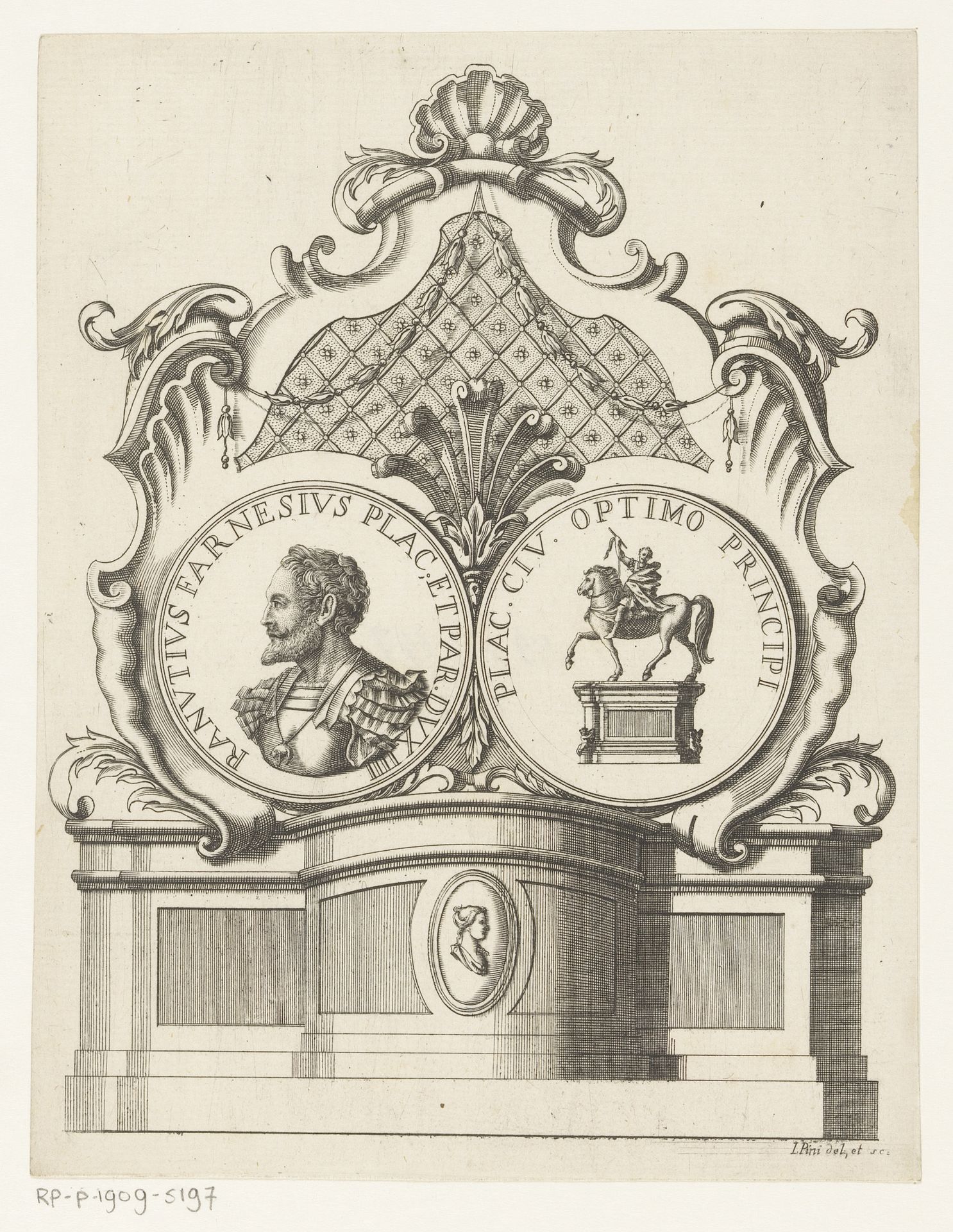 Geornamenteerd architectonisch object met het portret van Ranuccio Farnese I, hertog van Parma en Piacenza by Giuseppe Pini