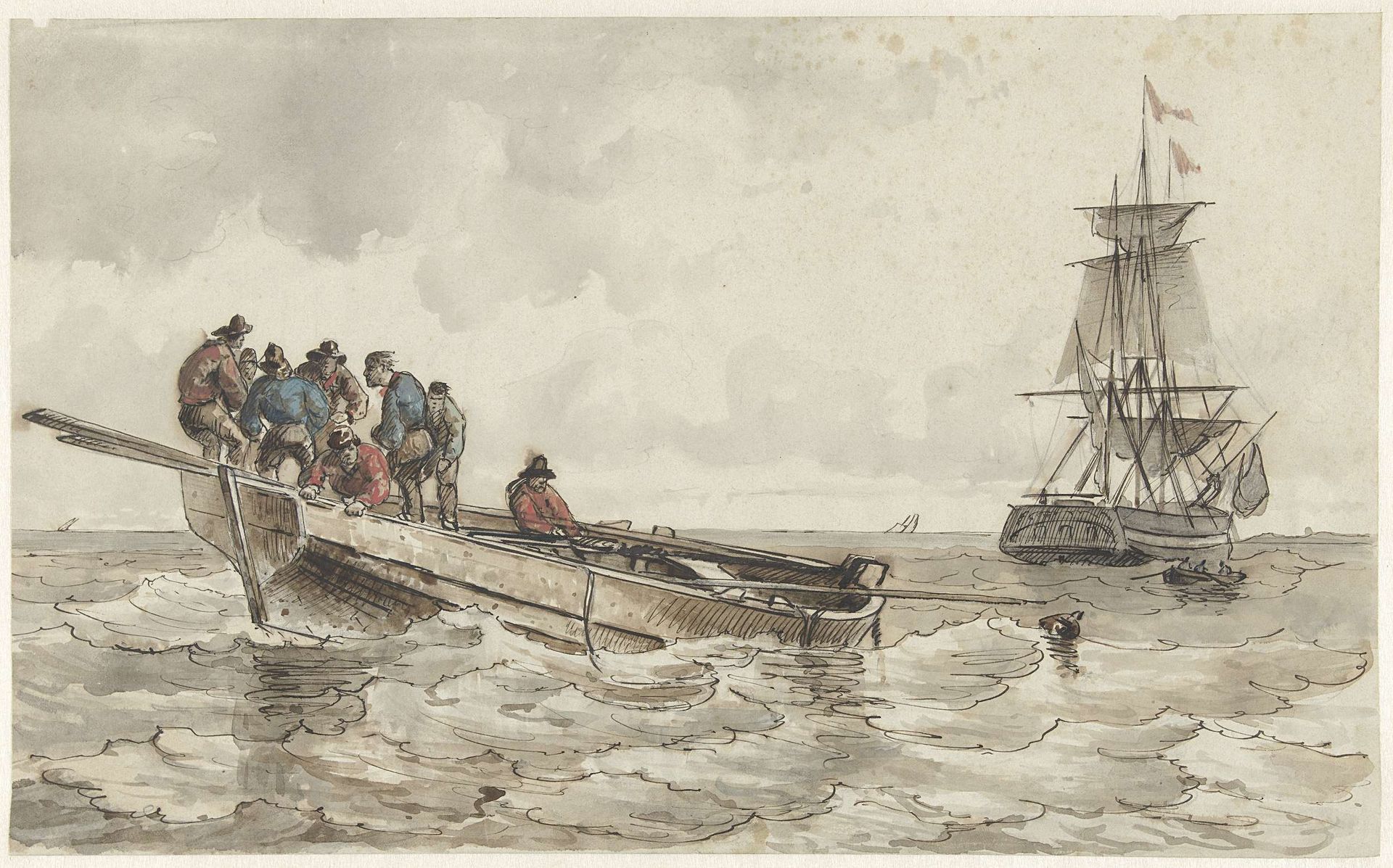 Acht mannen in een roeiboot bij een zeilschip by Frans Arnold Breuhaus de Groot