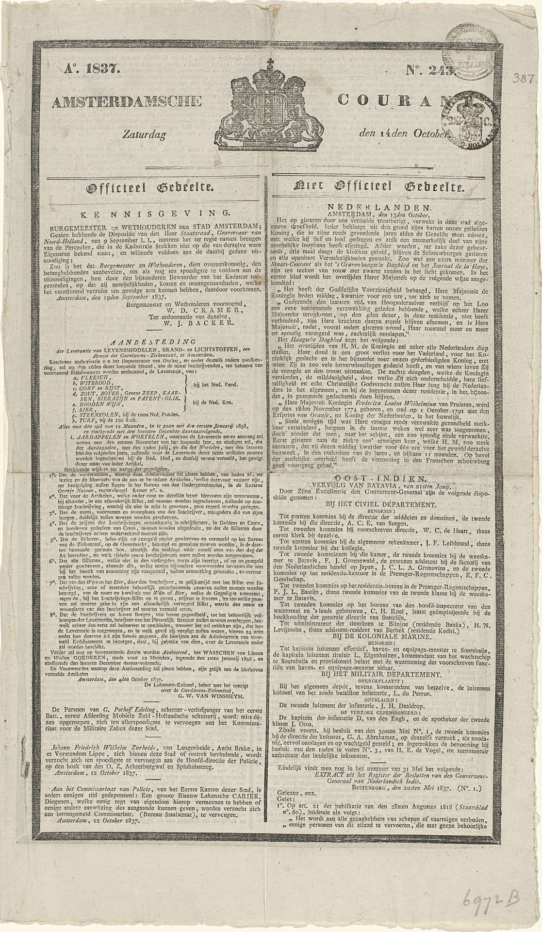 Amsterdamsche Courant. Zaturdag den 14den October. Ao. 1837. No. 243 by J. van Bonga