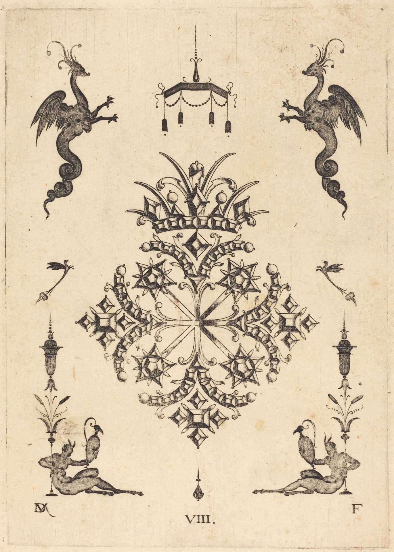 Brooch with Fantasy Animals at Top and Fauns with Vases at Bottom by Daniel Mignot