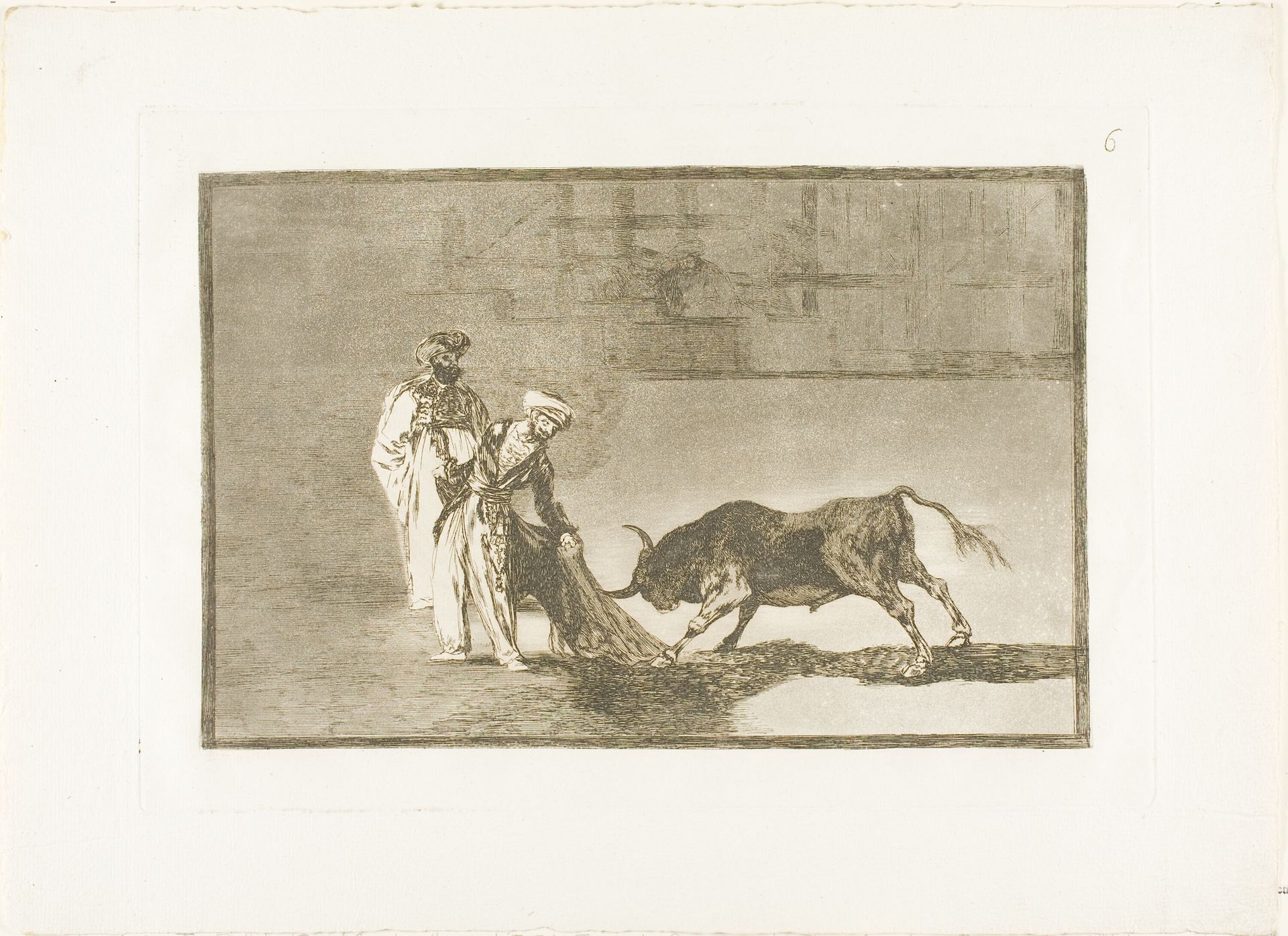 The Moors make a different play in the ring calling the bull with their burnous, plate six from The Art of Bullfighting by Francisco de Goya
