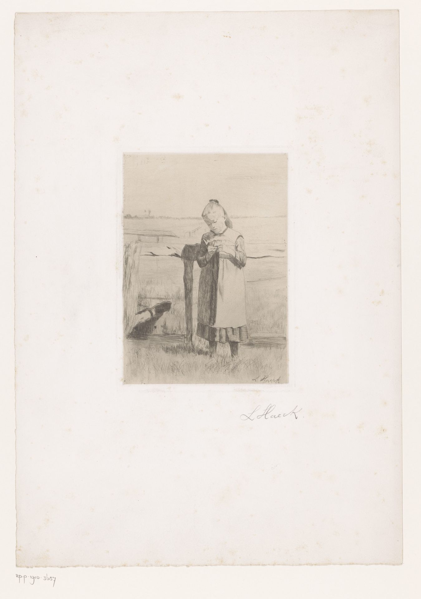 Breiend meisje in de wei by Léopold Haeck