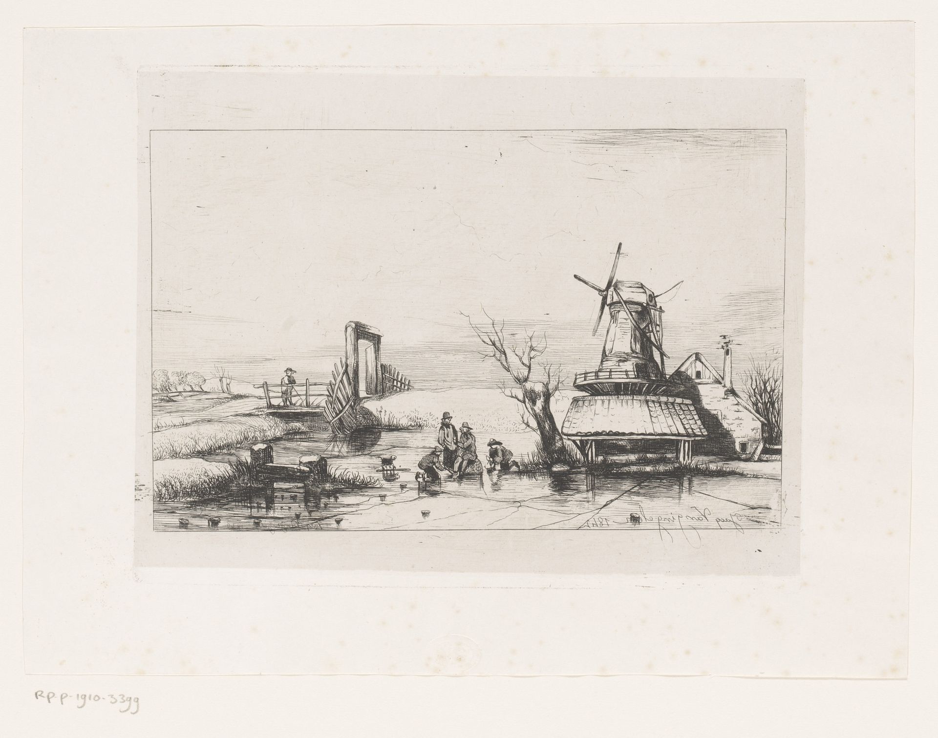 Landschap met schaatsers op het ijs rondom een molen by Jacques Van Gingelen