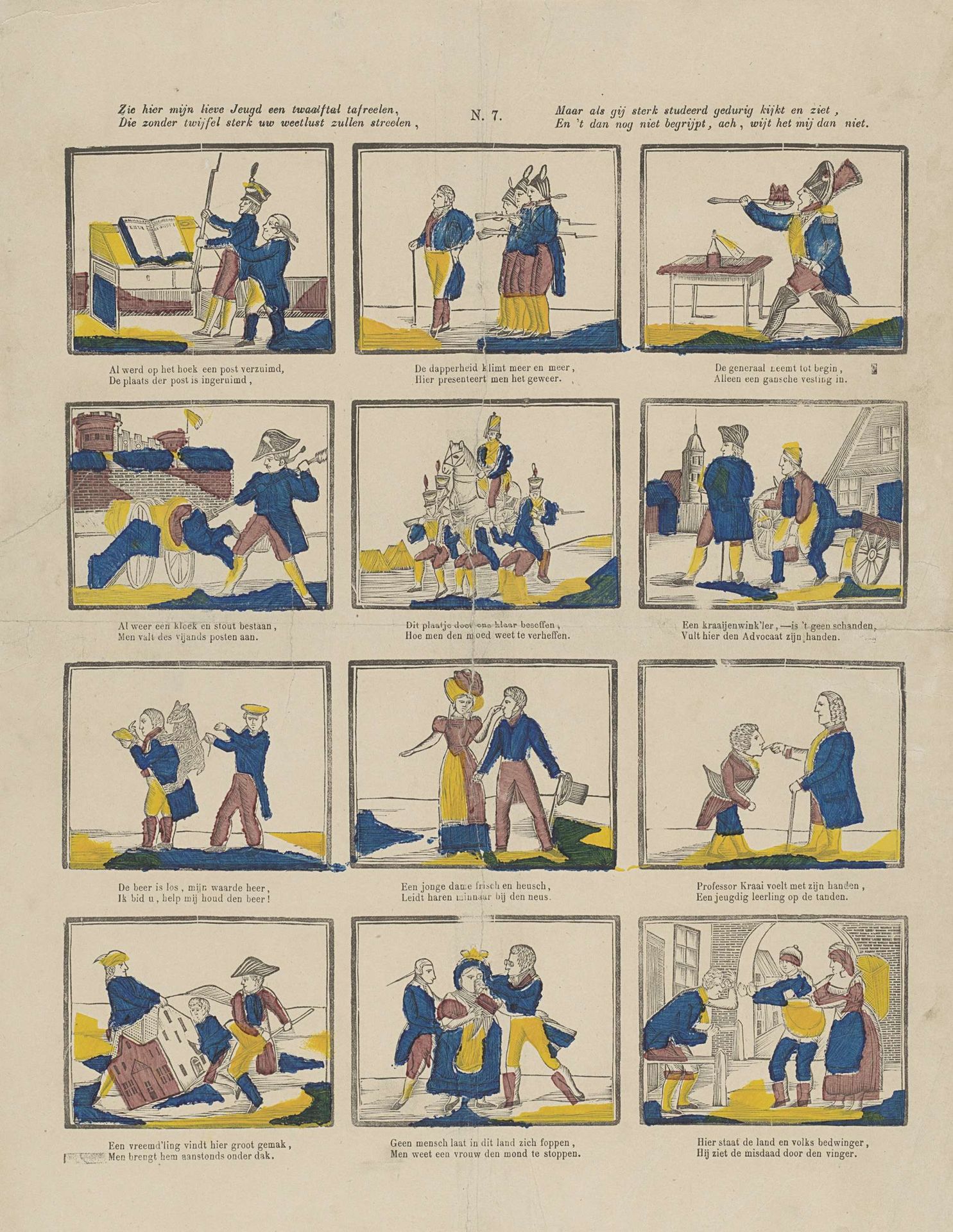 Zie hier mijn lieve jeugd een twaalftal tafreelen, / Die zonder twijfel sterk uw weetlust zullen streelen, / Maar als gij sterk studeerd gedurig kijkt en ziet, / En 't dan nog niet begrijpt, ach, wijt het mij dan niet by Lutkie & Cranenburg