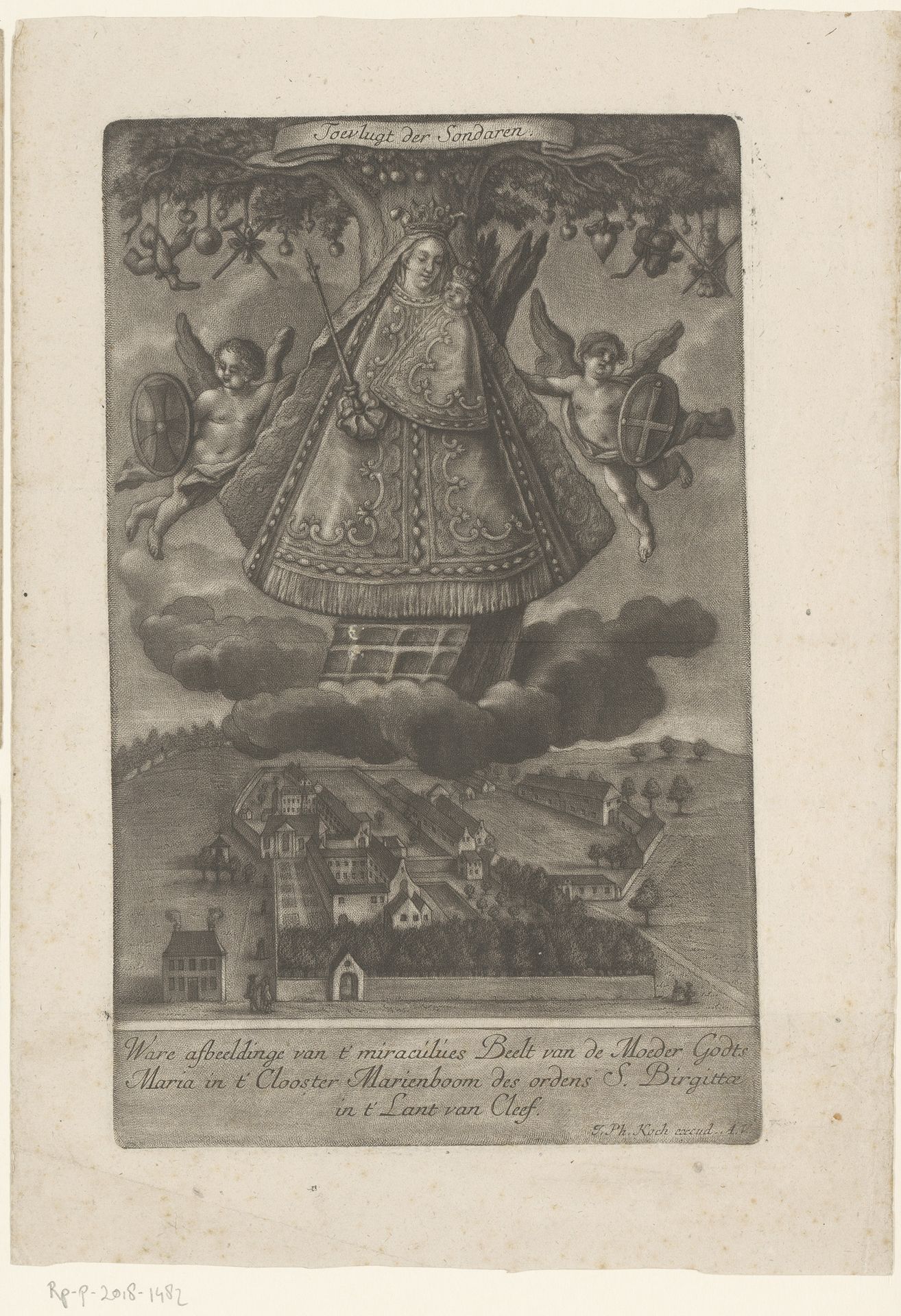 Beeld van Maria met kind onder een boom, zwevend boven het klooster van Marienbaum by Anonymous