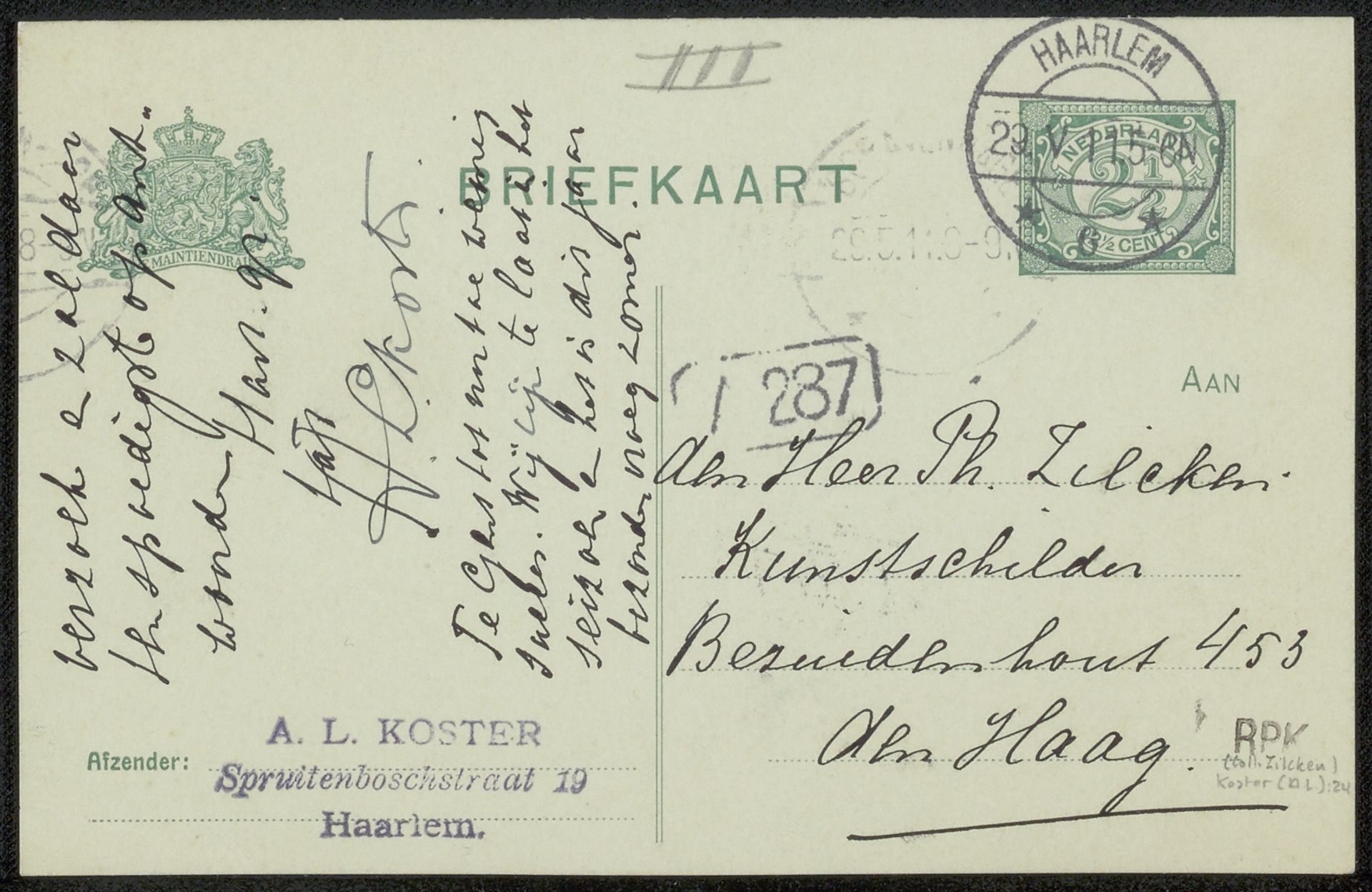Briefkaart aan Philip Zilcken by Anton L. Koster